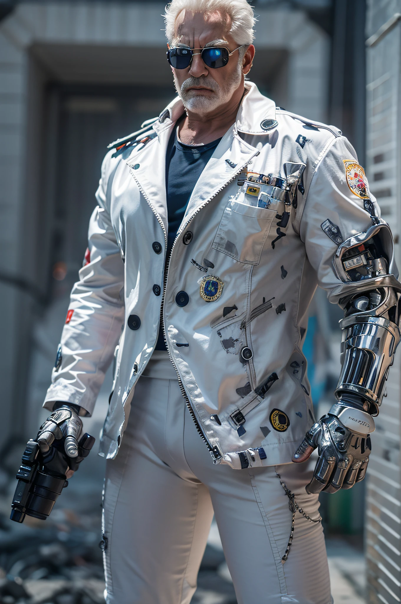 realistic version of garp as terminator from one piece, best quality, 8K, photorealistic, cinematic light, damaged, white admiral navy suit