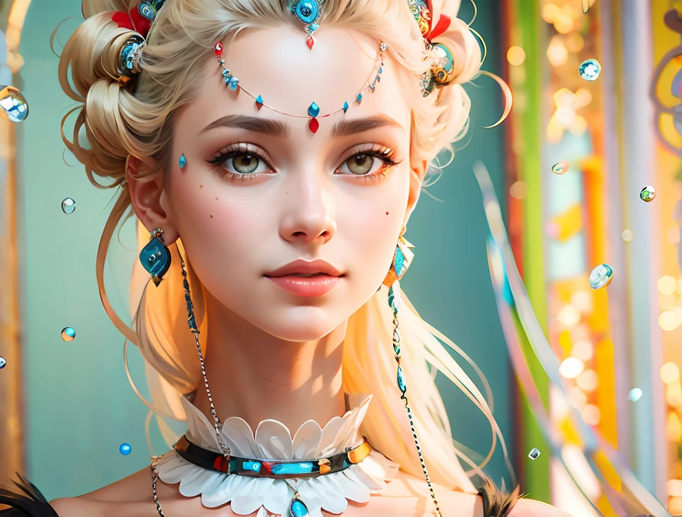 Black colored eyes，Light blue earrings，Red in the middle of the headdress，ssmile