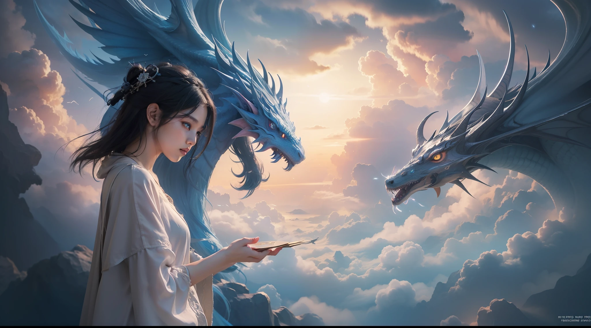 Above the rising clouds,Night, Dark, (Fantasy),infinite,deep blue sky,The abyss of knowledge,Cowledge,((masutepiece)), (((Best Quality))),((Beautiful fine eyes)),(Eye lashes)、Realistic clouds、Very beautiful face、The ultra -The high-definition、Beautiful girl flying in the sky with giant white dragon、(女の子1人)、Black hair、The long-haired、abyss eyes、glowy skin、oils、small tits、Perfect human body structure、Wizard robes、tattered cloth、Realistic coat、Teenchi、Super delicate CG Unity 32k wallpaper、photoRealstic、masterpiece, ((ultra-detailliert)), ((illustratio)),colourfull,wall-paper,The energy,Unknown terror,Incomprehensible,Around the magic,Magical surroundings,magic wands,Boken,Flying pages,Know everything,Predict the future、Get to know the past、Infinite wisdom、blue flames、Warlock、magic circles、Pentagram、Spells、mantra、Singing magic