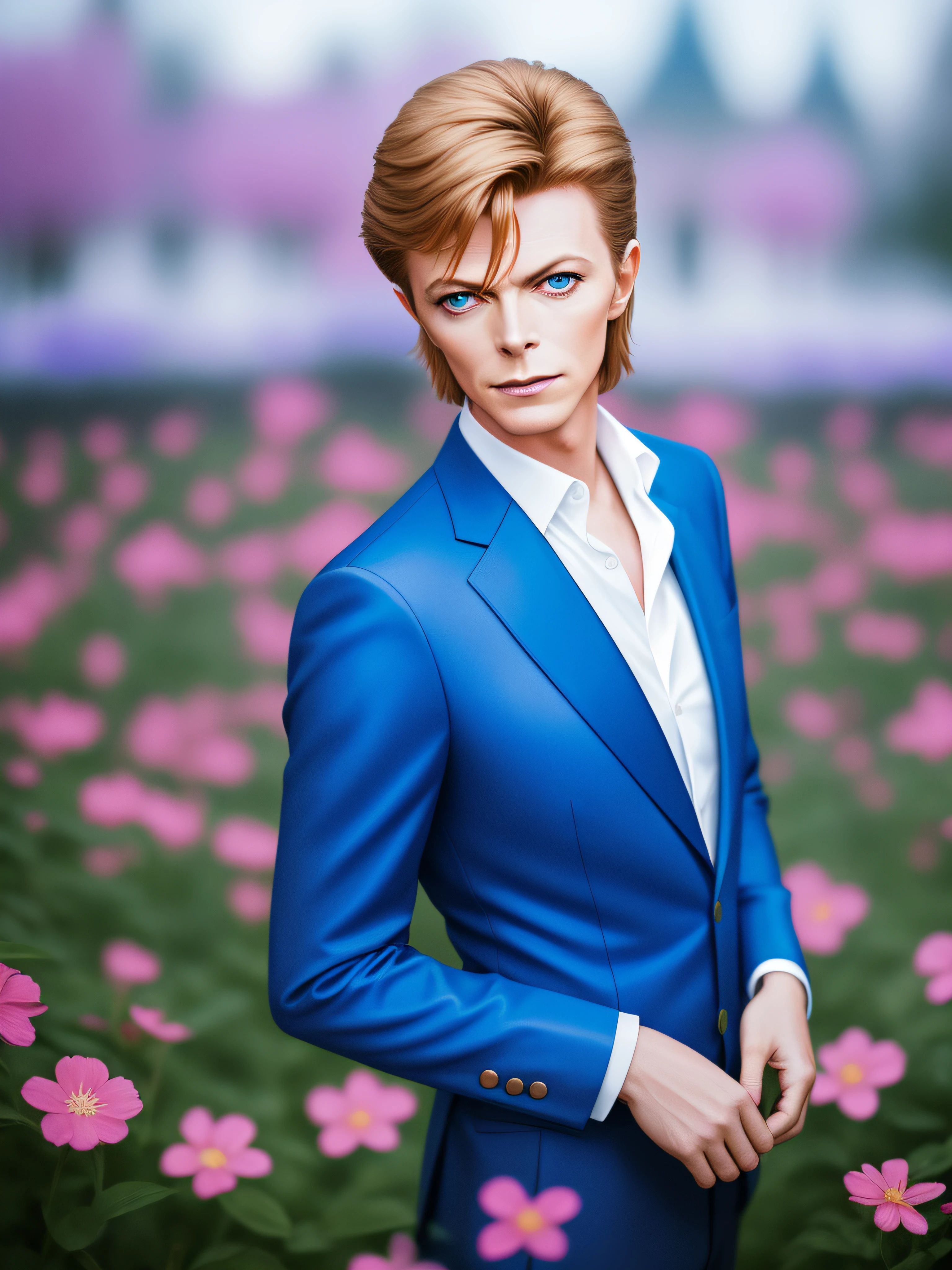 Full body portrait of 1982 singer DAVID BOWIE, (Detailed Face), (perfect eyes:1.1), (highly detailed skin:1.1), smiling, slim body, wearing a blue suit with a polka dot shirt, modelshoot style, Professional Photography, Cinematic, Dramatic lighting, PHOTOREALISTIC, Realistic, Dark Night, stars in sky, (standing in a flower garden background), blurred background, RAW, analog, sharp focus, 8k, high resolution, DSLR, high quality, Fujifilm XT3, grain, award winning, masterpiece,