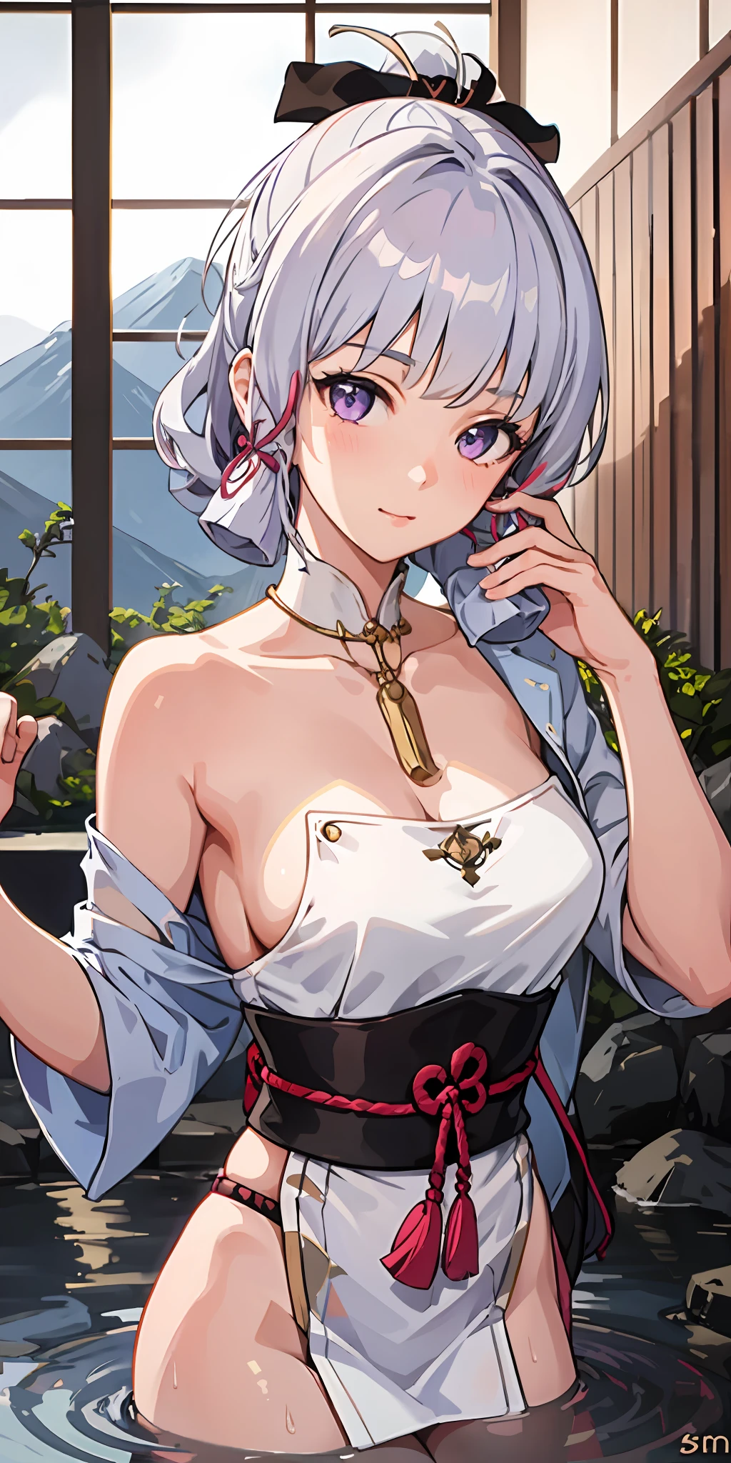 1girl, white hair, purple eyes, portrait, realistic, towel, (onsen), sidelighting, wallpaper, nsfw,