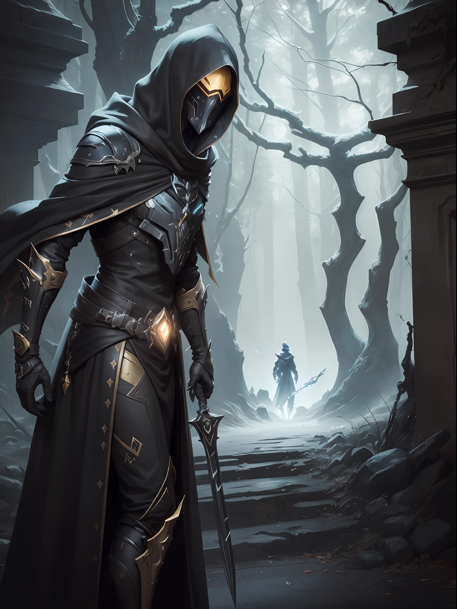 photo of excalibur umbra character of warframe, a man with a sword standing in a dark forest, golden sword, glow sword, ((excalibur umbra)), fighting stance, hero landing, warframe excalibur umbra, warframe infested art, warframe art, warframe destiny art, warframe concept art, warframe hound art, warframe destiny, wearing a black cloak, warframe hound, warframe, illithid, 8k hd wallpaperjpeg artifact, sharp gaze, cinematic lighting, 8k, ultra realistic, best quality