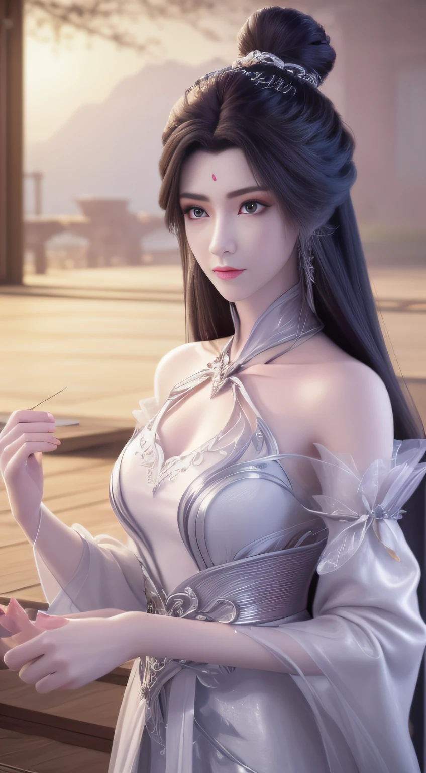 There is a girl in a green dress, plum blossoms, palaces, oriental architecture ray tracing, {best quality}, {{masterpiece}}, extremely detailed 8K wallpaper, {an extremely delicate and beautiful}, colorful, intricately detailed, Realistic, real, camera quality, (detailed depiction of clothes), cool white skin, (detailed depiction of blush), 1080p, sun, soft cuteness, smooth light silver hair, messy beauty, lighting, broken feeling, bright and silky skin , 3D stereoscopic, masterpiece, best quality, super fine illustration, beautiful eyes, very fine light, fine glow, very fine 8K CG wallpaper, peach eyes, red pupils, an extremely delicate and beautiful girl, 8k Wallpaper, best quality, full body close-up, white long dress, luxurious silky bright red chiffon floodlight (magic, glitter, ultra-thin, soft,) Hanfu