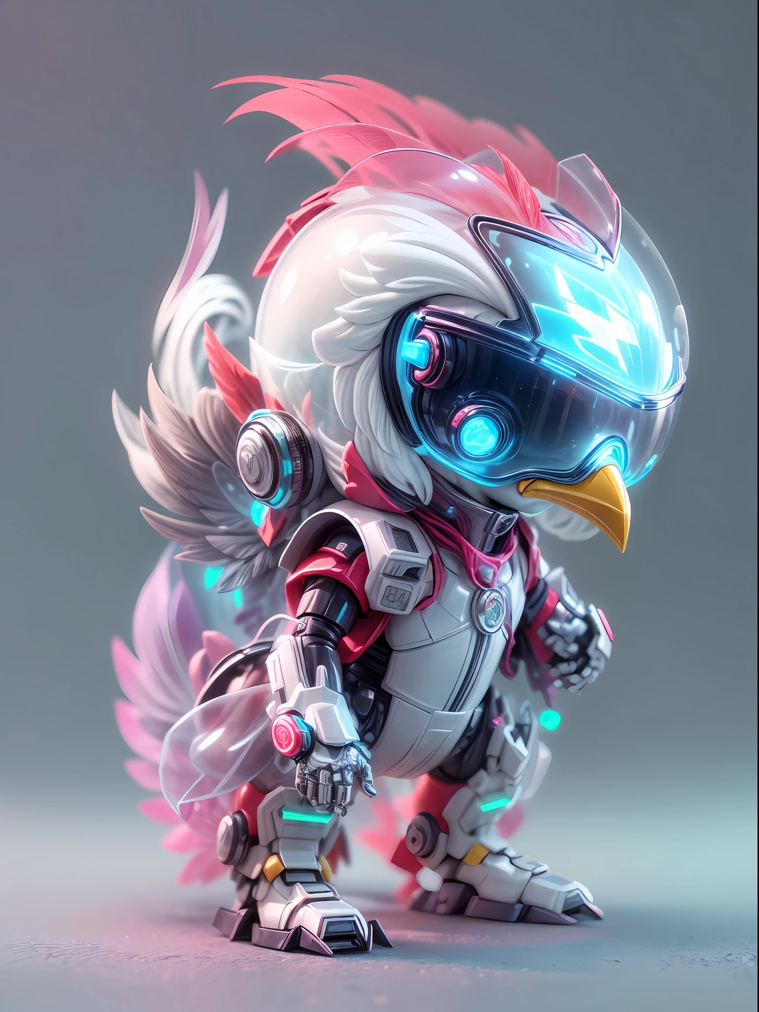 (blind box toy style:1.2), (Full Body Shot) , 1 Transparent cute rooster, Transparent mecha, Exquisite Helmet:1.2, glowing goggles:1.2, Cyberpunk, Dreamy Glow, Luminous neon lamp, clean, white background, ( Global illumination, raytracing, HDR, unreal render,reasonable design, high detailed, masterpiece, best quality, UHD, Cinematic Lighting)