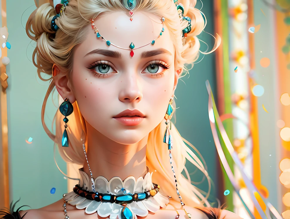 Black colored eyes,Light blue earrings,Red in the middle of the headdress,Necklace green,Necklace in five ring shapes