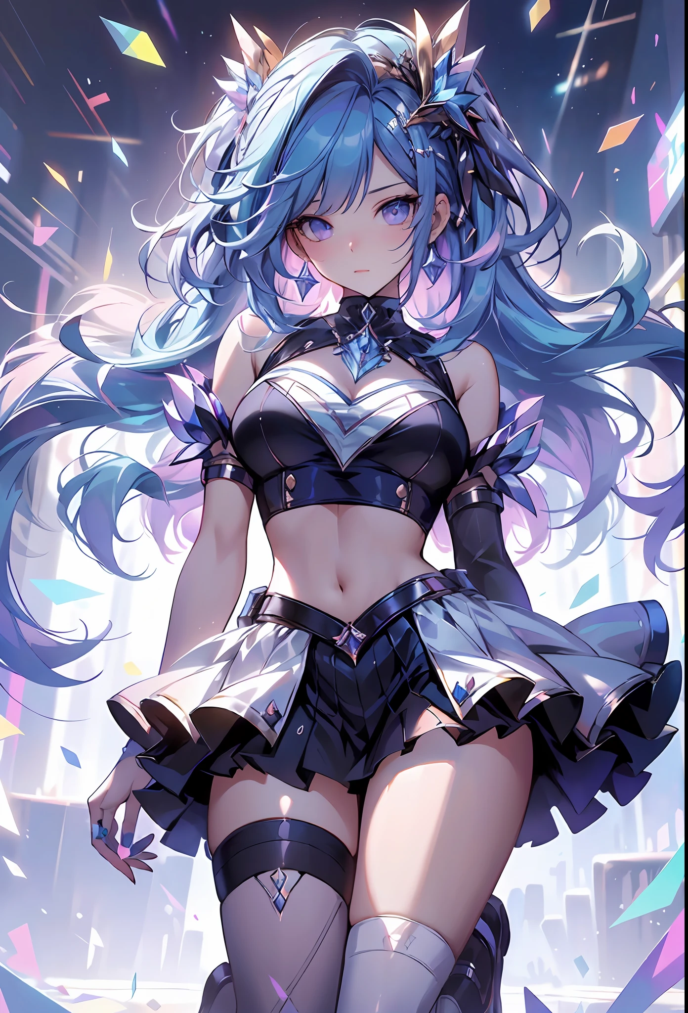 best qualityer,tmasterpiece,Ultimate resolution,downy,Extremely colorful,Colorful,Big high school girl,Crop topping,White stockings,heeled sandals