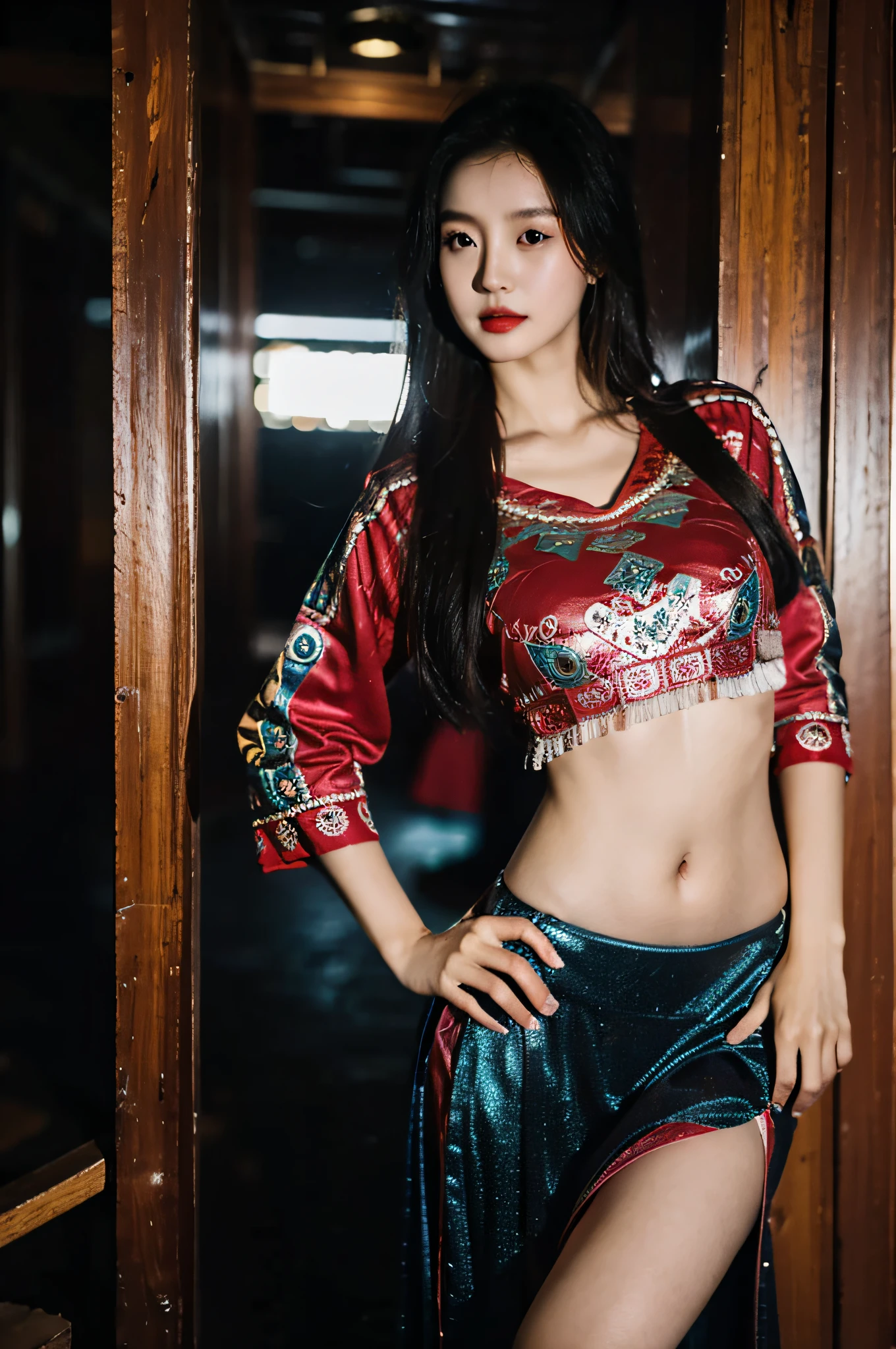 (Hyperrealistic,)4K,35mm,hyper-high detail, Professional lighting, Best quality, 超高分辨率, Visually stunning, (1girll:1.1), (Hmong clothing ),realskin,(Perfect body 1.3)(Ultra-delicate face),Open navel