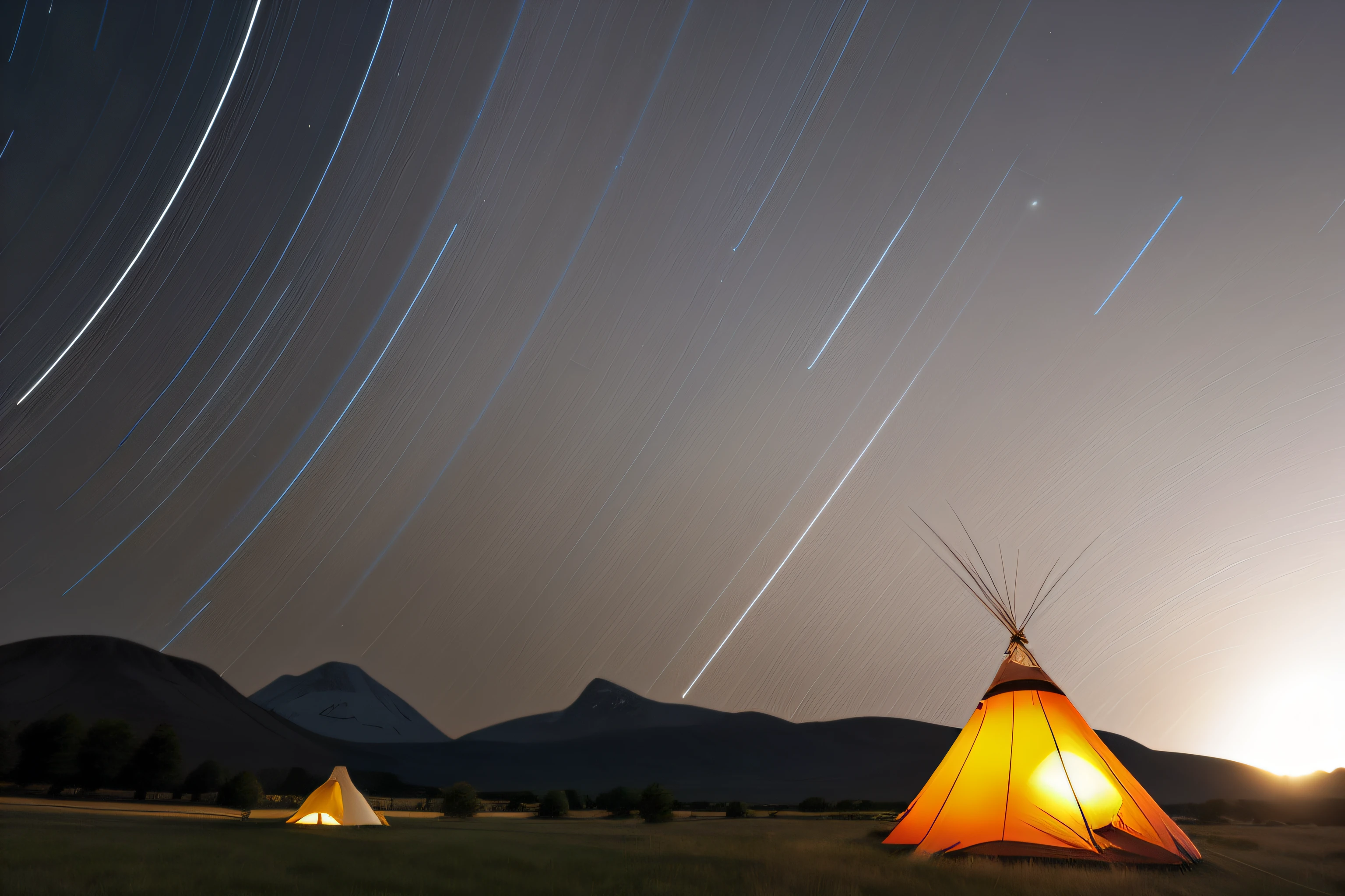 araffe sitting in a field with a tent and a mountain in the background, national geographic photo”, teepee, tracingstar trails, time exposure, time - lapse, star trails above, by Dennis Ashbaugh, night sky photography, star trails, long exposure photography, national geographic photograph, photograph credit: ap, long exposure shot, timelapse