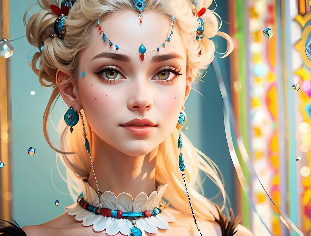 Black colored eyes,Light blue earrings,Red in the middle of the headdress,ssmile