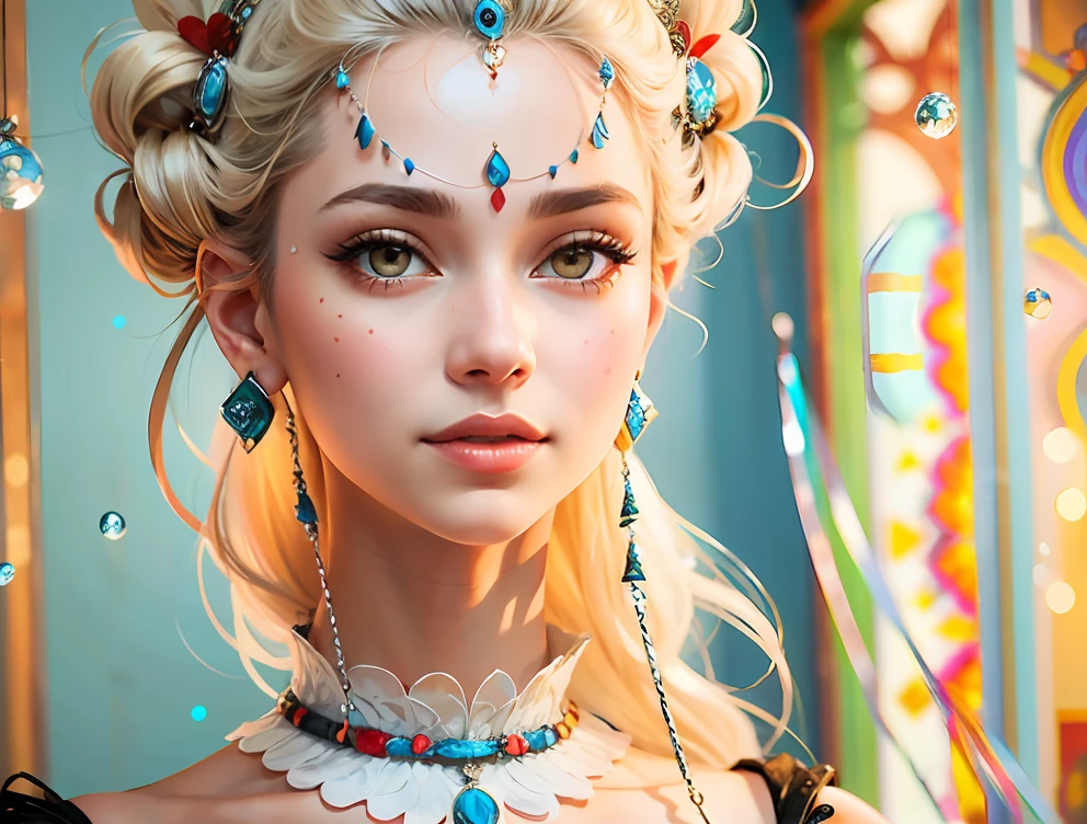 Black colored eyes，Light blue earrings，Red in the middle of the headdress，ssmile
