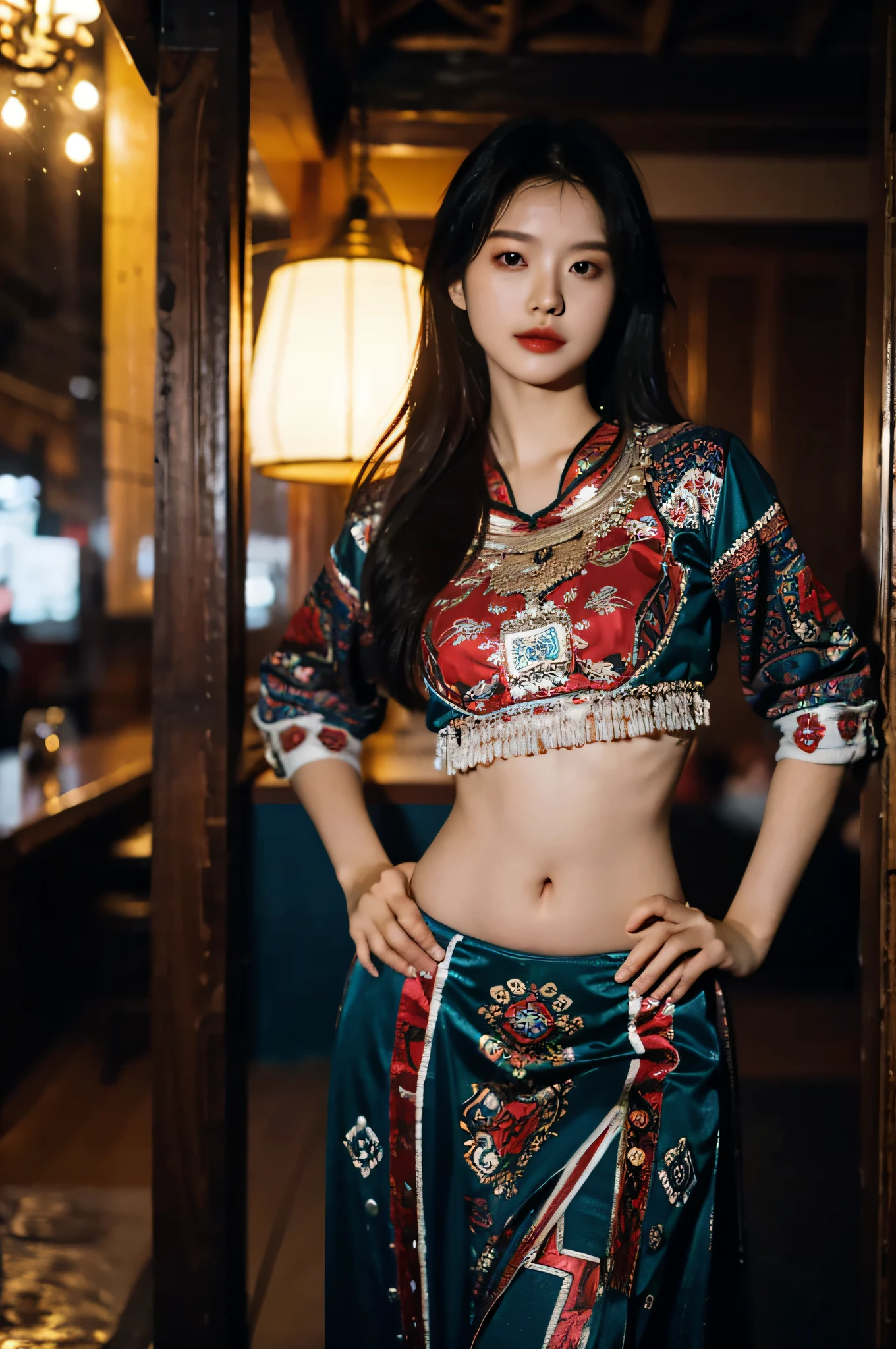 （Hyperrealistic,）4K,35mm，hyper-high detail, Professional lighting, Best quality, 超高分辨率, Visually stunning, (1girll:1.1), （Hmong clothing ）,realskin,（Perfect body 1.3）（Ultra-delicate face），Open navel