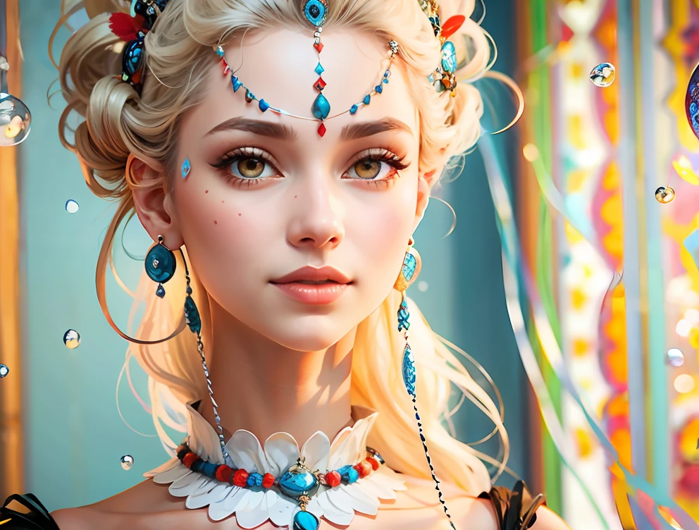 Black colored eyes,Light blue earrings,Red in the middle of the headdress,ssmile