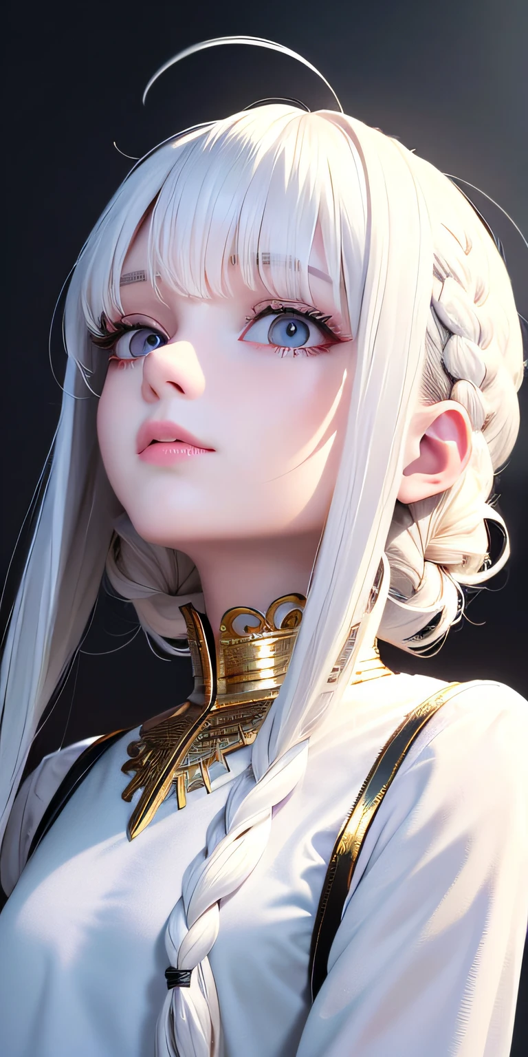 best quality, masterpiece,white hair, gold eyes,white clothes, looking up, upper body,hair strand,Fair skin,side braids