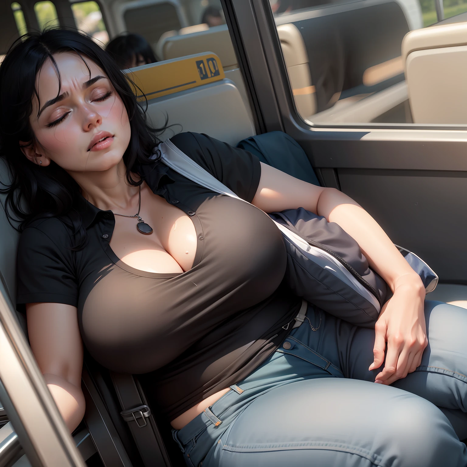 1 beautiful woman, 50-year-old lady, sleeping with her mouth open, eyes closed, black hair, sleeping sitting on the bus, sweating, frowning, jeans, black polo shirt, big breasts, outlined eyes, drooling, snoring, passed out, bag black, perspective as if pictured from side to side