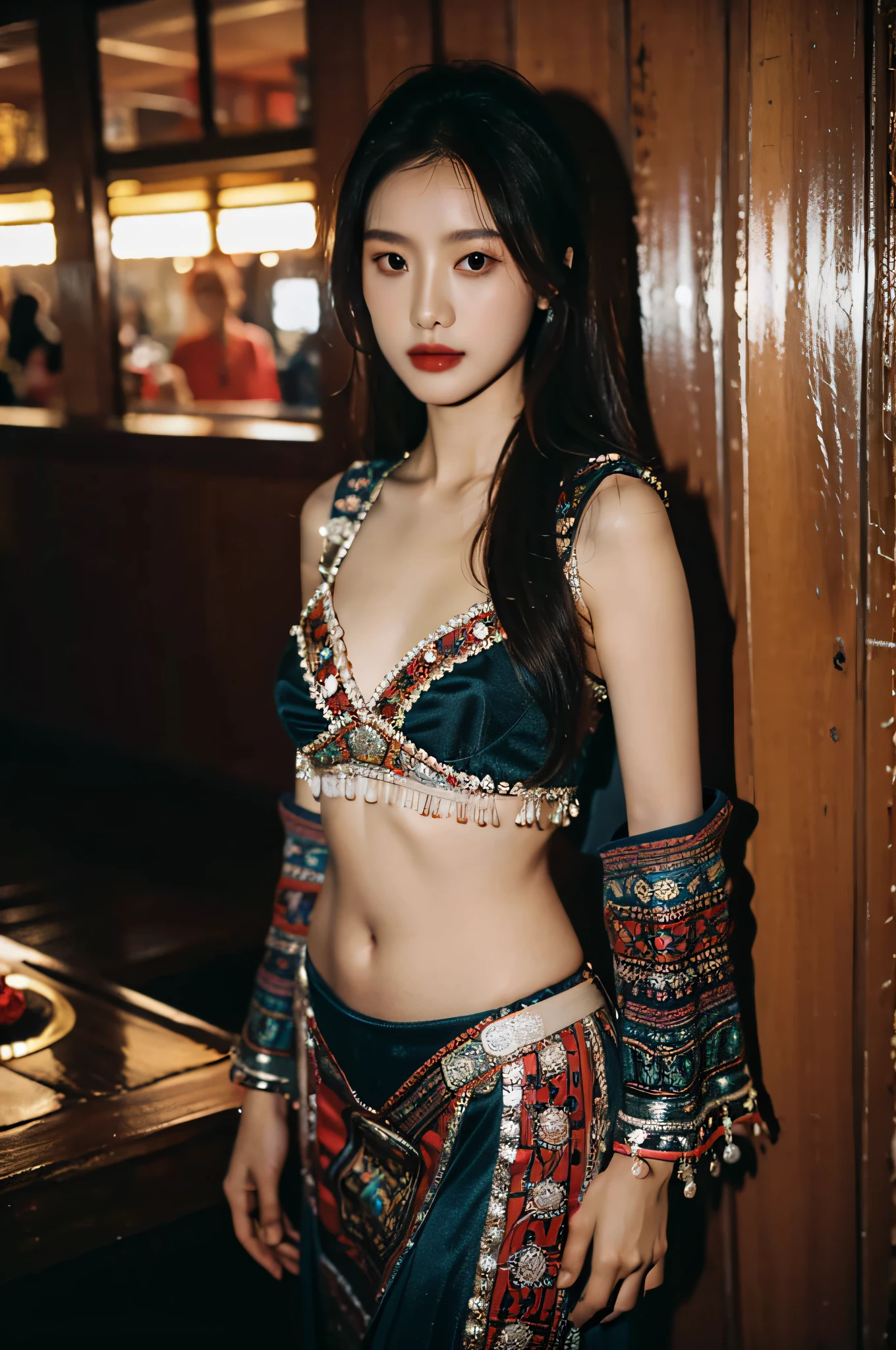 （Hyperrealistic,）4K,35mm，hyper-high detail, Professional lighting, Best quality, 超高分辨率, Visually stunning, (1girll:1.1), （Hmong clothing ）,realskin,（Perfect body 1.3）（Ultra-delicate face），Open navel