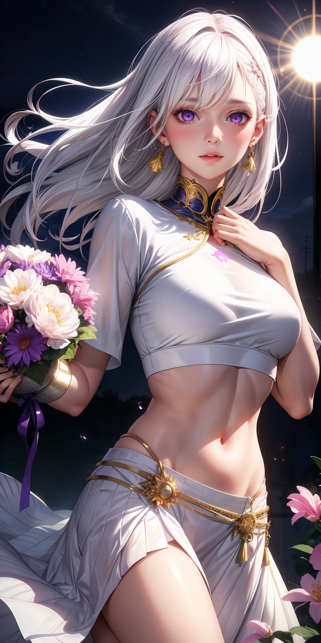 realistic, 1girl, white hair, purple eyes, glowing eyes, crop top, skirt, parted lips, blush, night, flowers, sun, sunlight,