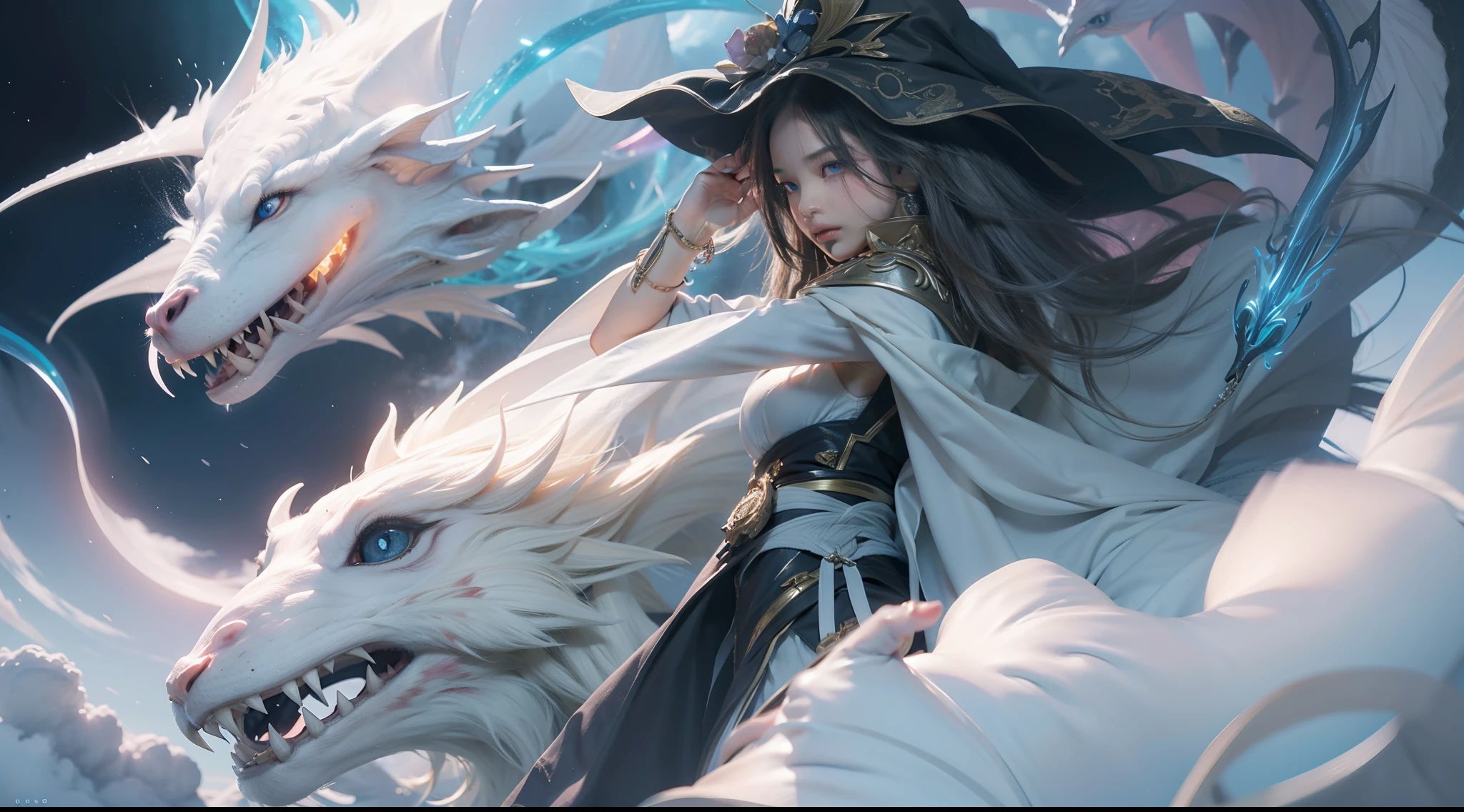 Above the rising clouds,Night, Dark, (Fantasy),infinite,deep blue sky,The abyss of knowledge,Cowledge,((masutepiece)), (((Best Quality))),((Beautiful fine eyes)),(Eye lashes)、Realistic clouds、Very beautiful face、The ultra -The high-definition、Beautiful girl flying in the sky with giant white dragon、(1人)、Black hair、The long-haired、abyss eyes、glowy skin、oils、small tits、Perfect human body structure、Wizard robes、tattered cloth、Realistic coat、Tee、Super delicate CG Unity 32k wallpaper、photoRealstic、masterpiece, ((ultra-detailliert)), ((illustratio)),colourfull,wall-paper,The energy,Unknown terror,Incomprehensible,Around the magic,Magical surroundings,magic wands,Boken,Flying pages,Know everything,Predict the future、Get to know the past、Infinite wisdom、blue flames、Warlock、magic circles、Pentagram、Spells、mantra、Singing magic