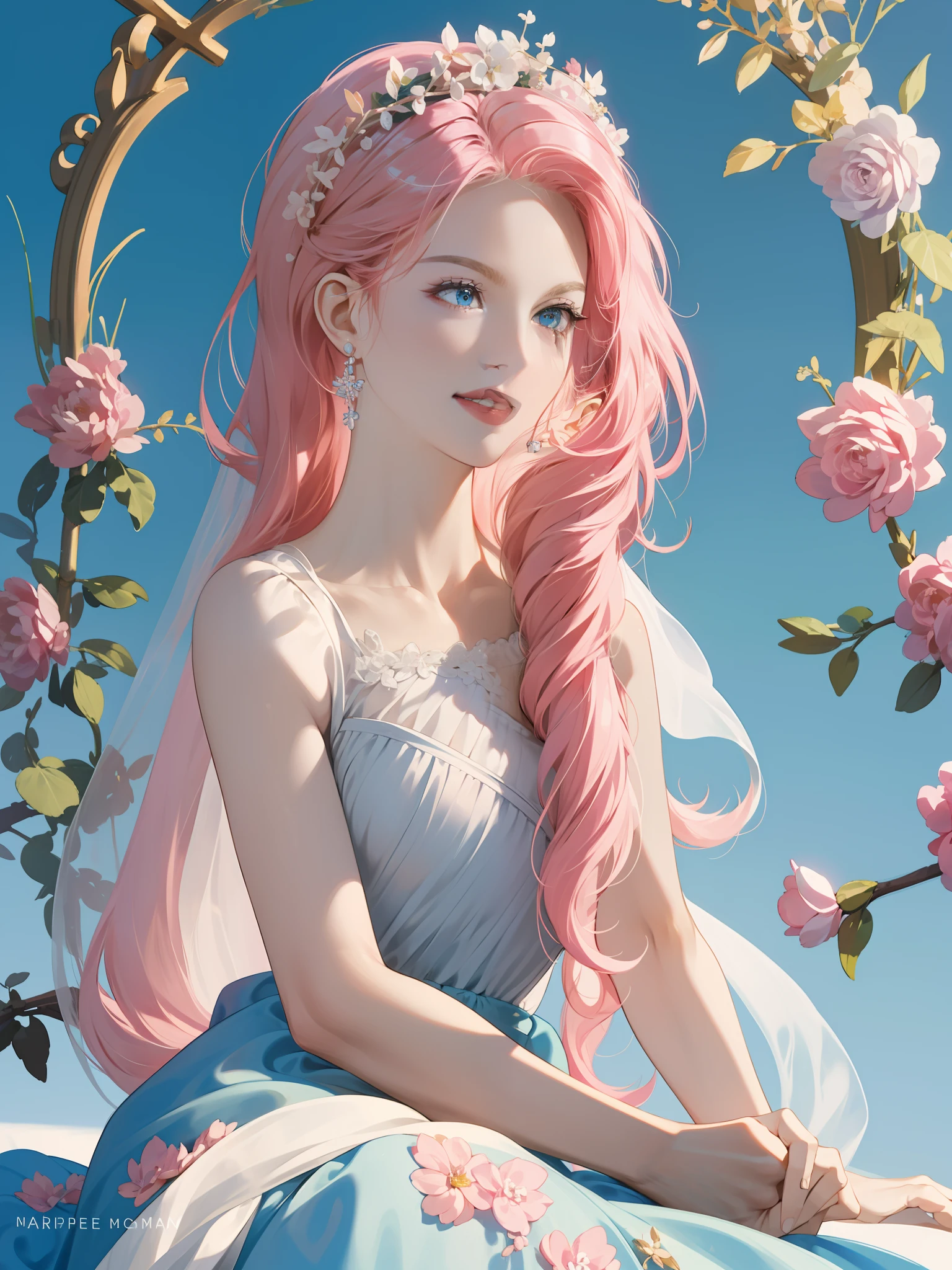 ((Masterpiece)), high quality, super detailed, pink hair + white clothing: 1.2, sweet and delicate girl, delicate facial features, perfect figure, surrounded by roses, bright bright colors, pearl white background, romantic long hair, natural light, warm and sweet, blue eyes, flower hair decoration.