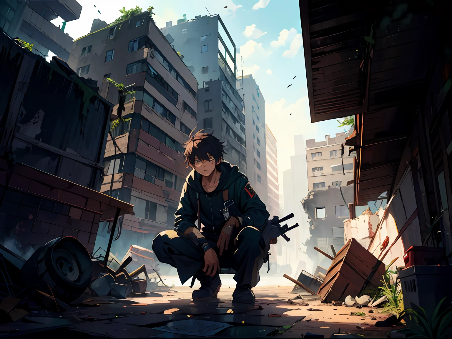 Ultra-clear,Optimal image,Fine illustration,One is heavily armed,Wrapped tightly around the teenager,Squat in the shadows,Dilapidated city ruins,He was looking ahead