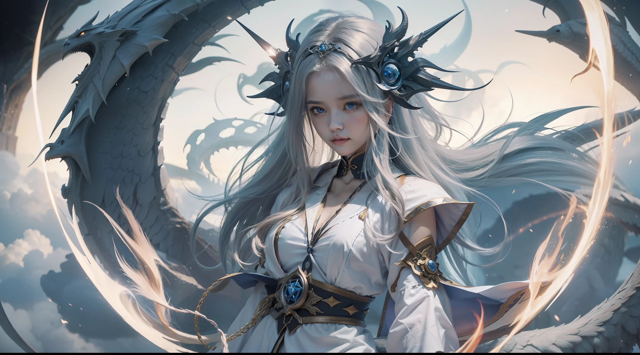 Above the rising clouds,Night, Dark, (Fantasy),infinite,deep blue sky,The abyss of knowledge,Cowledge,((masutepiece)), (((Best Quality))),((Beautiful fine eyes)),(Eye lashes)、Realistic clouds、Very beautiful face、The ultra -The high-definition、Beautiful girl flying in the sky with giant white dragon、(女の子1人)、Black hair、The long-haired、abyss eyes、glowy skin、oils、small tits、Perfect human body structure、Wizard robes、tattered cloth、Realistic coat、Teenchi、Super delicate CG Unity 32k wallpaper、photoRealstic、​masterpiece, ((ultra-detailliert)), ((illustratio)),colourfull,wall-paper,The energy,Unknown terror,Incomprehensible,Around the magic,Magical surroundings,magic wands,Boken,Flying pages,Know everything,Predict the future、Get to know the past、Infinite wisdom、blue flames、Warlock、magic circles、Pentagram、Spells、mantra、Singing magic