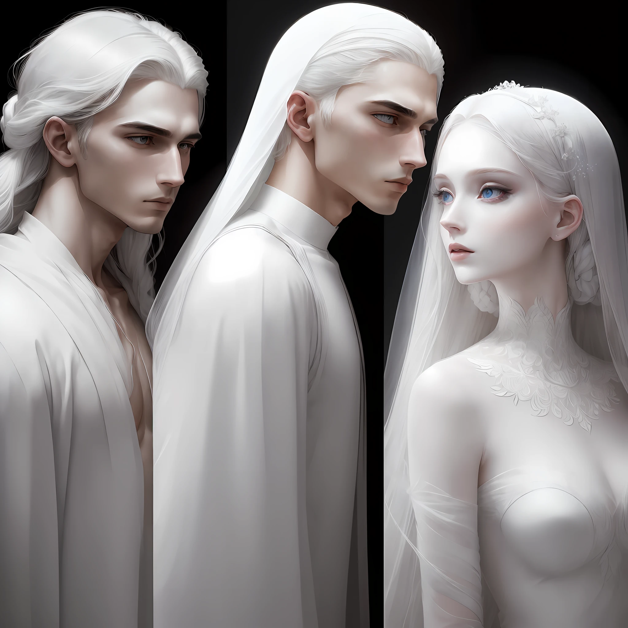 "Two contrasting pictures: a man and a woman, both adorned in pristine white attire, with ethereal pale skin and lustrous white hair, against a strikingly dark backdrop, symbolizing resilience and finding hope amidst despair." --auto