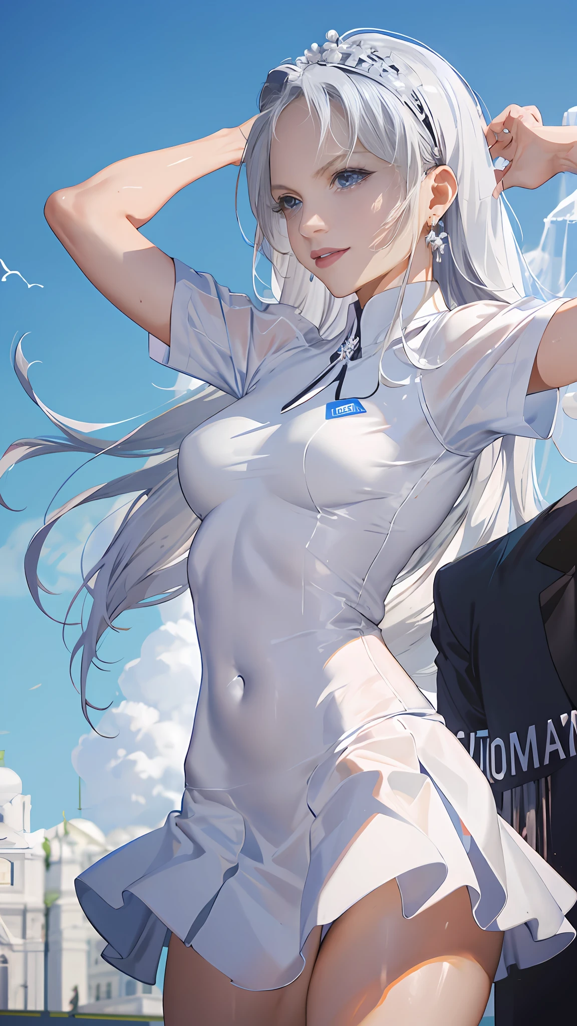 Absurd, Masterpiece, Best Quality, Realistic, Ultra Detail, (Shiny Skin, Sweat: 1.4), Slim, Gaze Viewer, 1Girl, Solo, Tennis Wear, White Polo Shirt, White Sneakers, White Miniskirt, Long Hair, Silver Hair, Blue Eyes, (Thick Thighs: 0.5), Dynamic Lighting, High Resolution, Sharp Focus, Depth of Field, Small Breasts