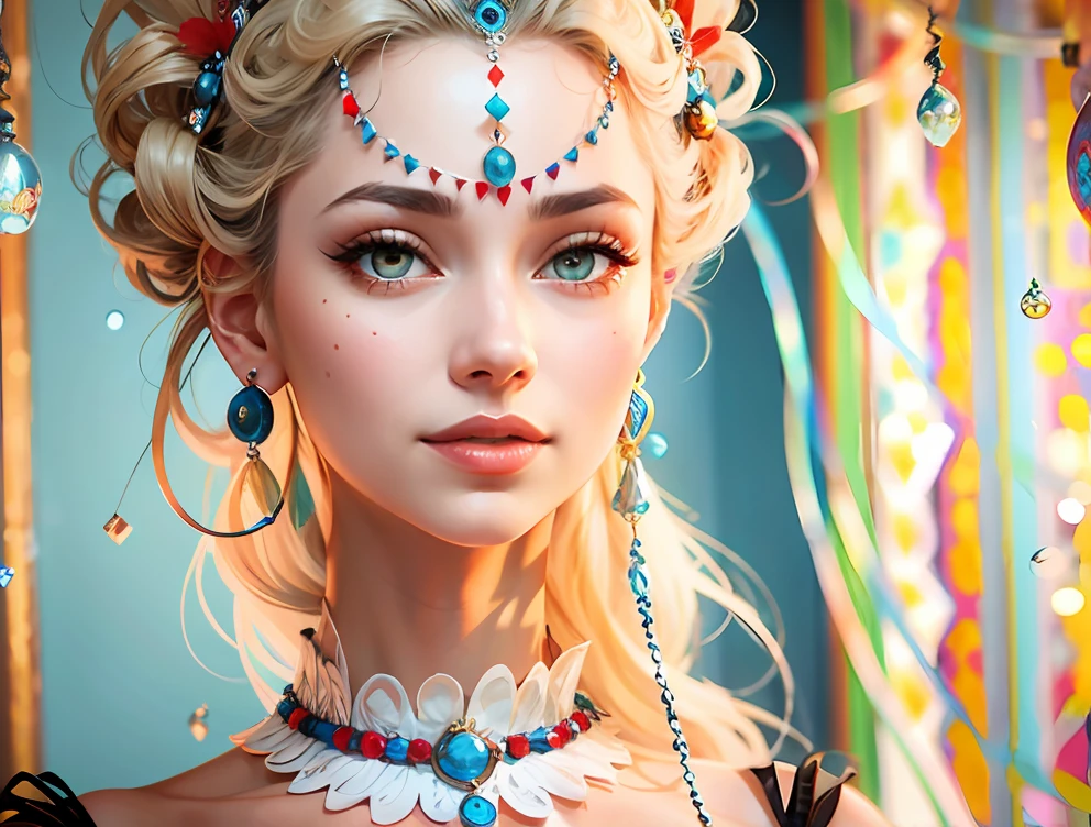 Black colored eyes,Light blue earrings,Red in the middle of the headdress,ssmile