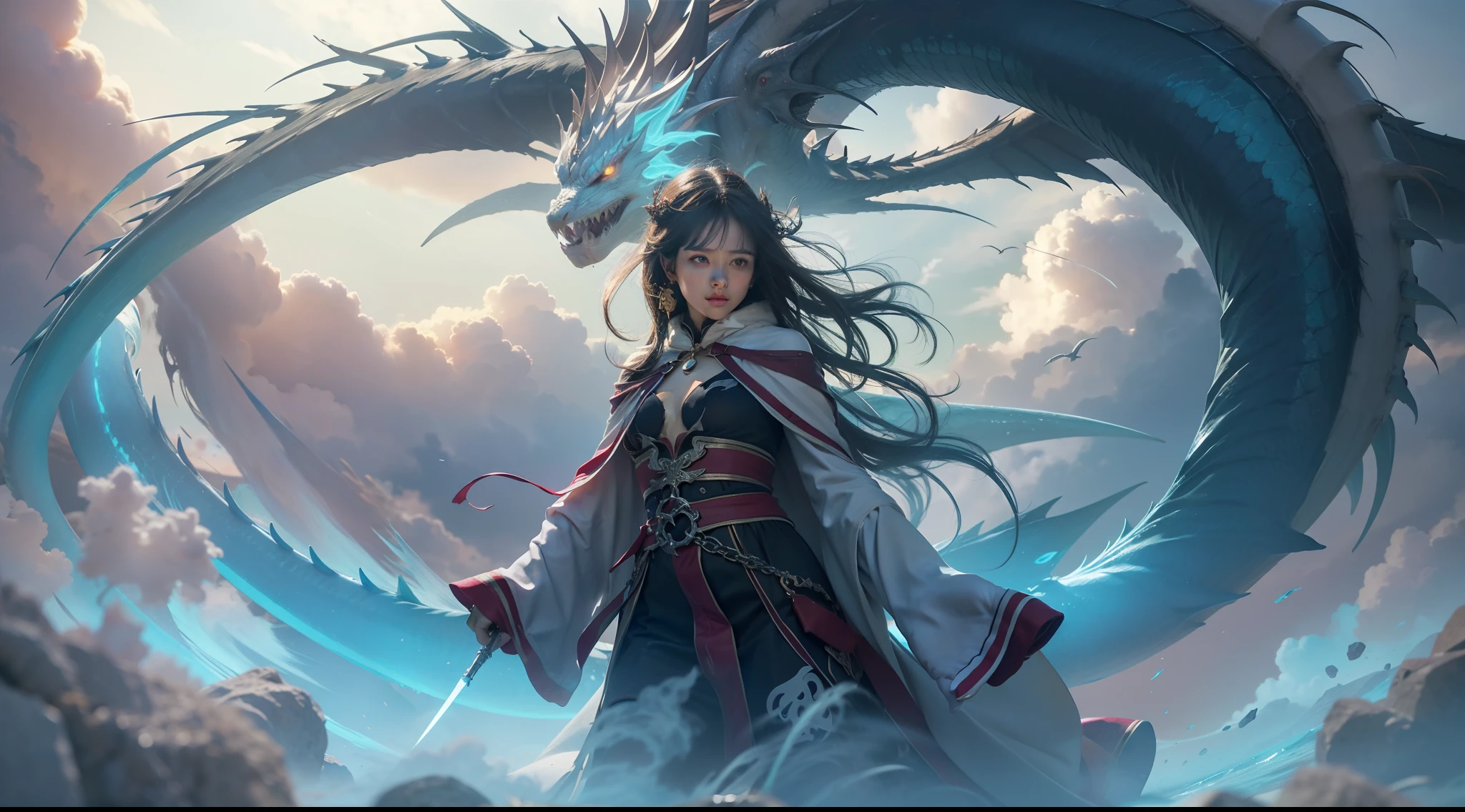 Above the rising clouds,Night, Dark, (Fantasy),infinite,deep blue sky,The abyss of knowledge,Cowledge,((masutepiece)), (((Best Quality))),((Beautiful fine eyes)),(Eye lashes)、Realistic clouds、Very beautiful face、The ultra -The high-definition、Beautiful girl flying in the sky with giant white dragon、(女の子1人)、Black hair、The long-haired、abyss eyes、glowy skin、oils、small tits、Perfect human body structure、Wizard robes、tattered cloth、Realistic coat、Teenchi、Super delicate CG Unity 32k wallpaper、photoRealstic、masterpiece, ((ultra-detailliert)), ((illustratio)),colourfull,wall-paper,The energy,Unknown terror,Incomprehensible,Around the magic,Magical surroundings,magic wands,Boken,Flying pages,Know everything,Predict the future、Get to know the past、Infinite wisdom、blue flames、Warlock、magic circles、Pentagram、Spells、mantra、Singing magic