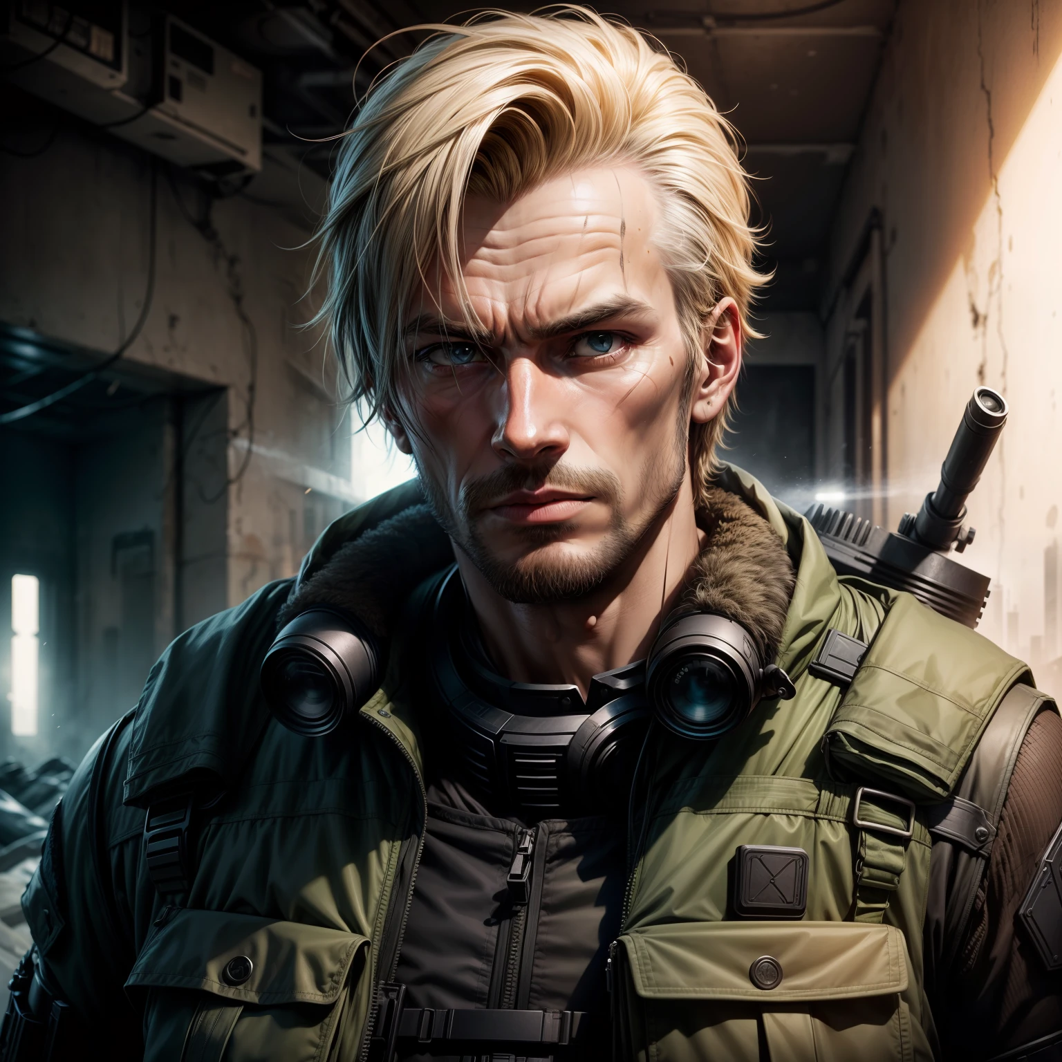 Portrait of 1 man, The theme of the game Stalker, postapocalypse, bright tones, Over-the-shoulder sniper rifle, hair light