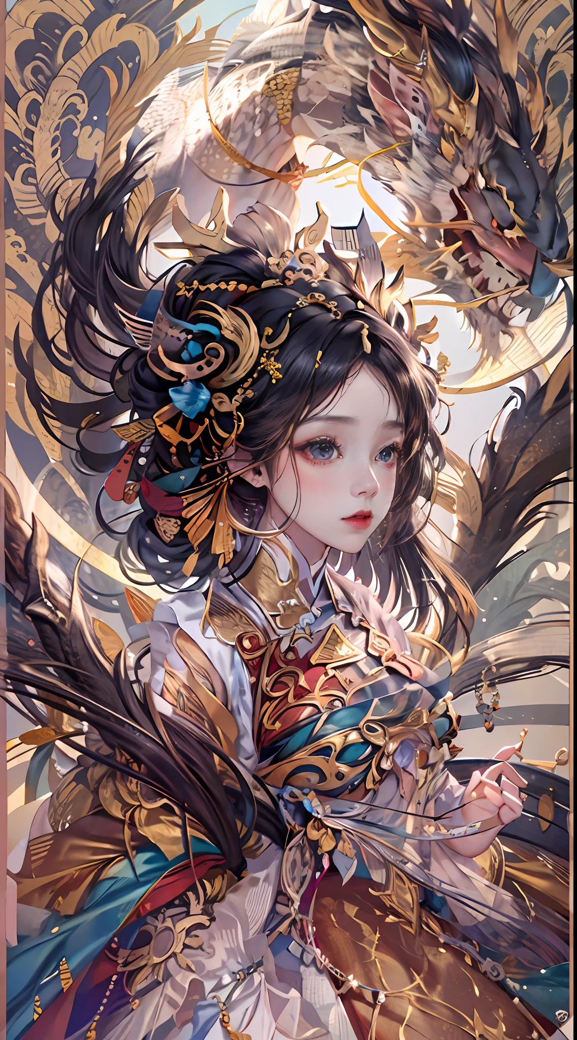 offcial art，统一 8k 壁纸，ultra - detailed，Beauty and aesthetics，tmasterpiece，best qualtiy，（zentangle，Tangled，entangle），（s fractal art：1.4），Black color hair，chineseidol，Chinese woman，The is very detailed，dynamic angle，casting spells，coloured with lots of colour，（Chaos in its most beautiful form），flowy，（vivd colour），overclocking，Chinese big breasts，（Ribbons：1.3），（dream magical：1.5），（Hanfu：1.5），chinesedragon，Chinese Phoenix，（ssmile：0.5 ),(chinese deity),Magical light and shadow，Perfect face，perfect hand