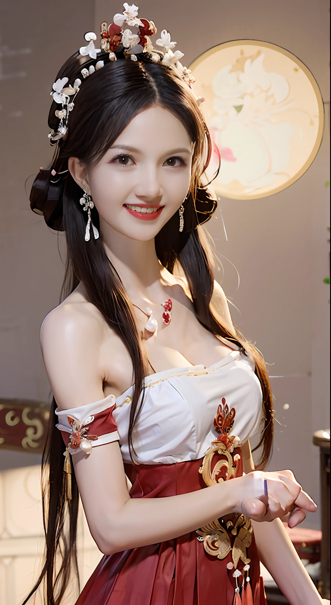 1 young empress wearing red lace top, deep-breasted nightgown, Chinese-style clothes, ancient costumes with many phoenix patterns, flawless white and pink face, crown on her head, black hair hip length, very beautiful and sharp brown eyes, small red lips, painted lips, charming smile, jewelry worn around the neck, earrings, white and even teeth, high nose, big round breasts, elongated legs, thin mesh black socks, portrait, most realistic, highest quality, best pixels, 8k ultra,