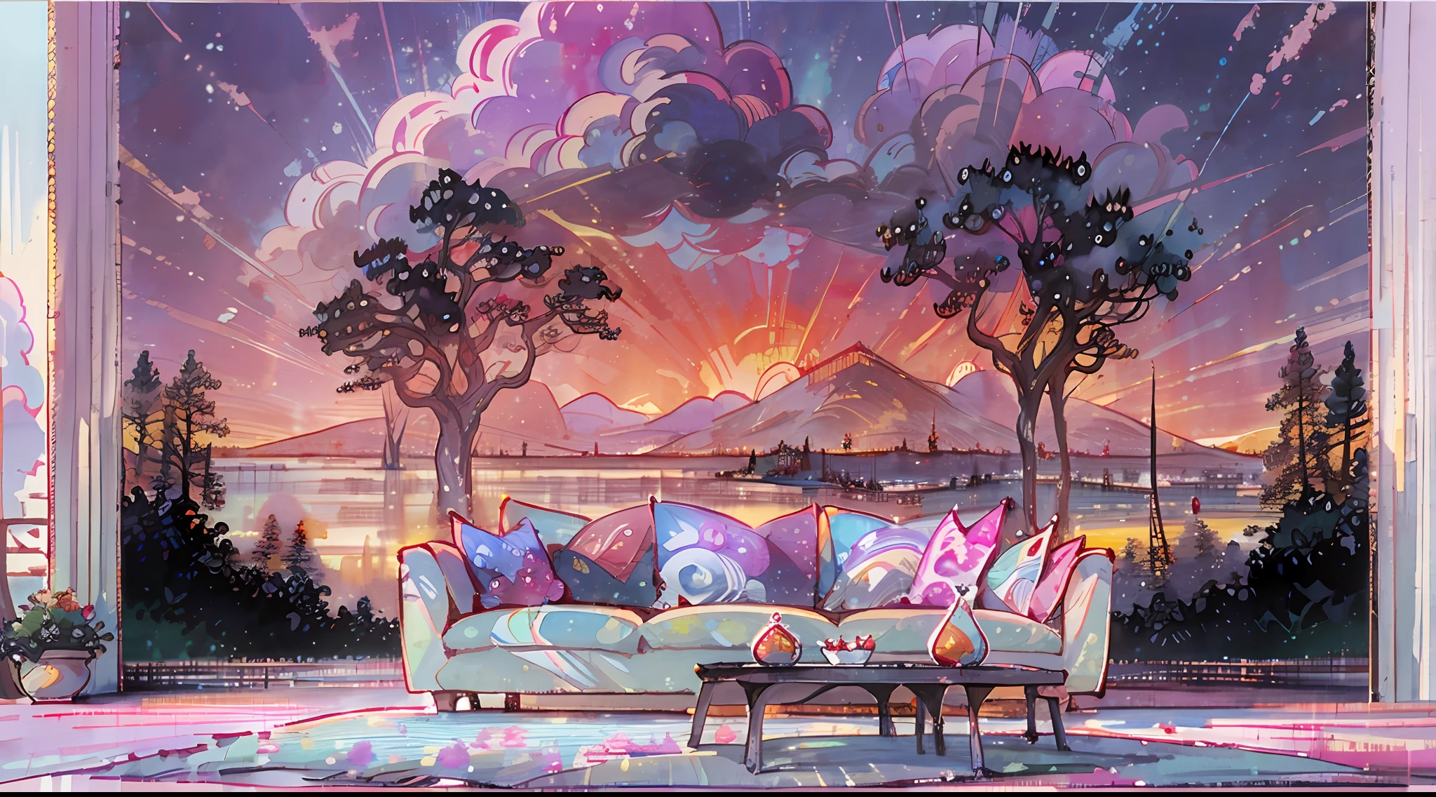 A surreal masterpiece,It presents a beautiful and spectacular view of dusk。Lakes and trees form the background,Accompanied by colorful sunsets and fantastic sky reflections。The beautiful sky blends in with the color of the lake,It's like a flame。This 8K picture creates a fantastic atmosphere,Colorful clouds are suspended in it,Create surreal visual experiences。