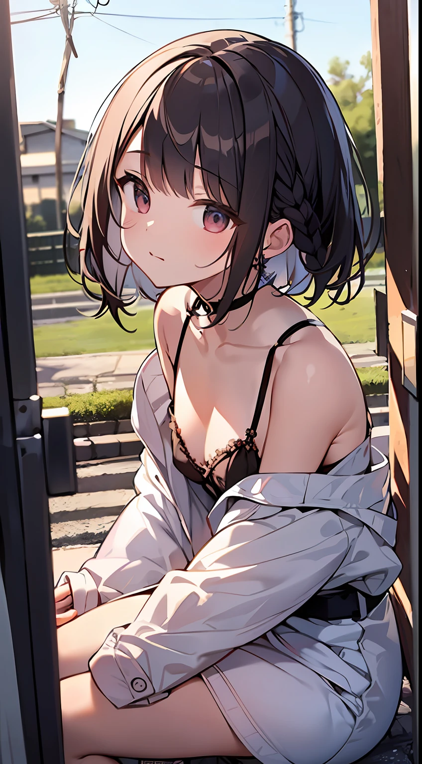 (top-quality、32K image quality、masterpiece、nffsw:1.2)、a cute 、Medium short hair、short braiding、beauitful face、Ultra-detailed details、(Slouched:1.3)、at the sunset、crouching down、(From above:1.3)、(a closeup:1.4)、small curvy loliou can see the chest))、Bust Up Perspective、Loose baggy big shirt、(beautiful nipple slips:0.9)、outside of house、the wind、shinny skin、blurry backround