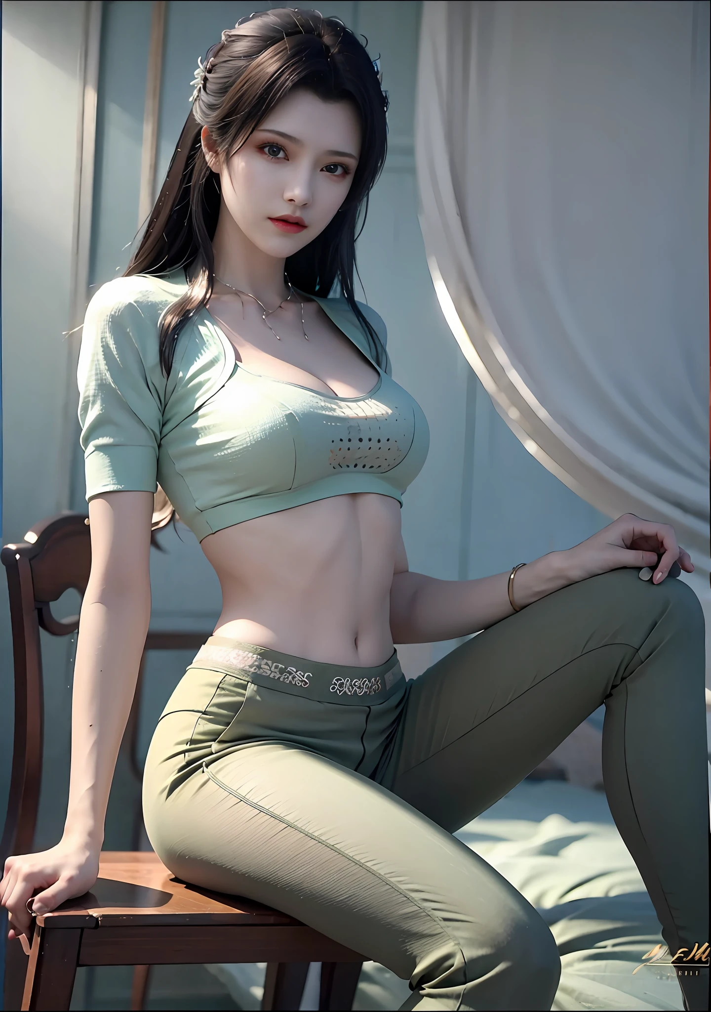 （（midynight， best qualtiy， 8K， tmasterpiece ：1.3））， full bodyesbian， long leges， Sharp focus ：1.2， A beautiful woman with a perfect figure ：1.4， Slender abs ：1.1， （（dark brown  hair， ：1.2））， （Crop tops， low waist pants， Sit Pose：1.2）， Abs， Highly Detailed Face and Skin Textur， A detailed eye， 二重まぶた， high-heels， low angles， from below， Toned abs， laughingly，looking at viewert，Sit in a golden chair，Light green panties，