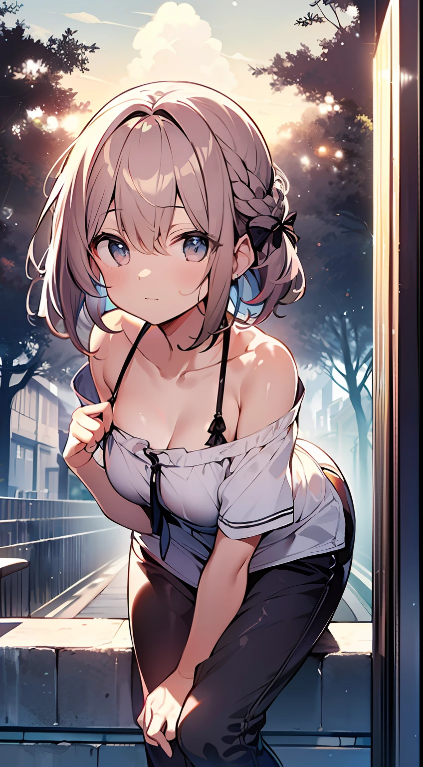 (top-quality、32K image quality、masterpiece、nffsw:1.2)、a cute 、Medium short hair、short braiding、beauitful face、(Slouched:1.3)、at the sunset、crouching down、(From above:1.3)、(a closeup:1.4)、small curvy loliou can see the chest))、Bust Up Perspective、Loose baggy big shirt、(beautiful nipple slips:0.9)、outside of house、the wind、shinny skin、blurry backround