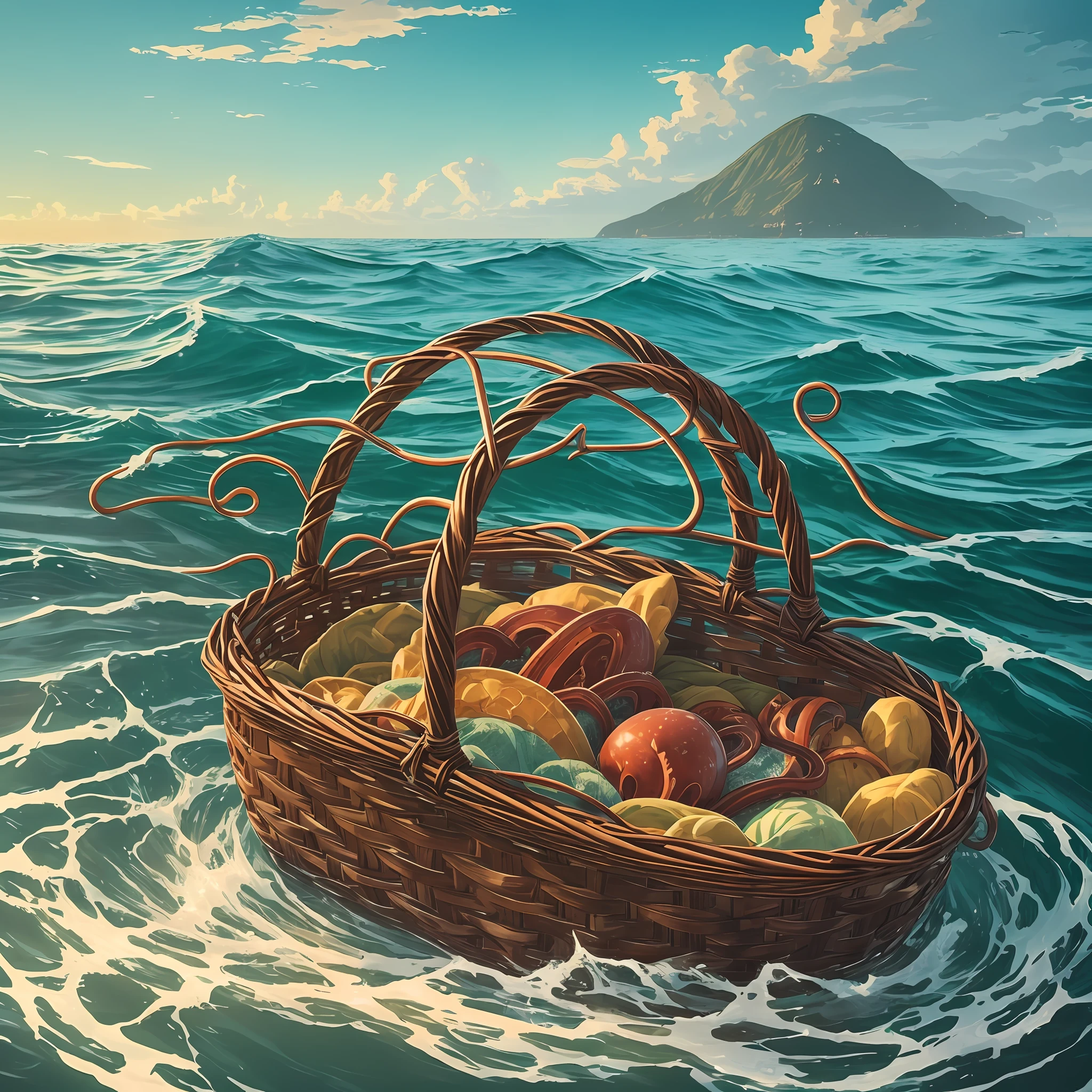 "A basket of low craftsmanship cradles an infant with tentacles gently emerging from the swirling depths of the ocean." --auto