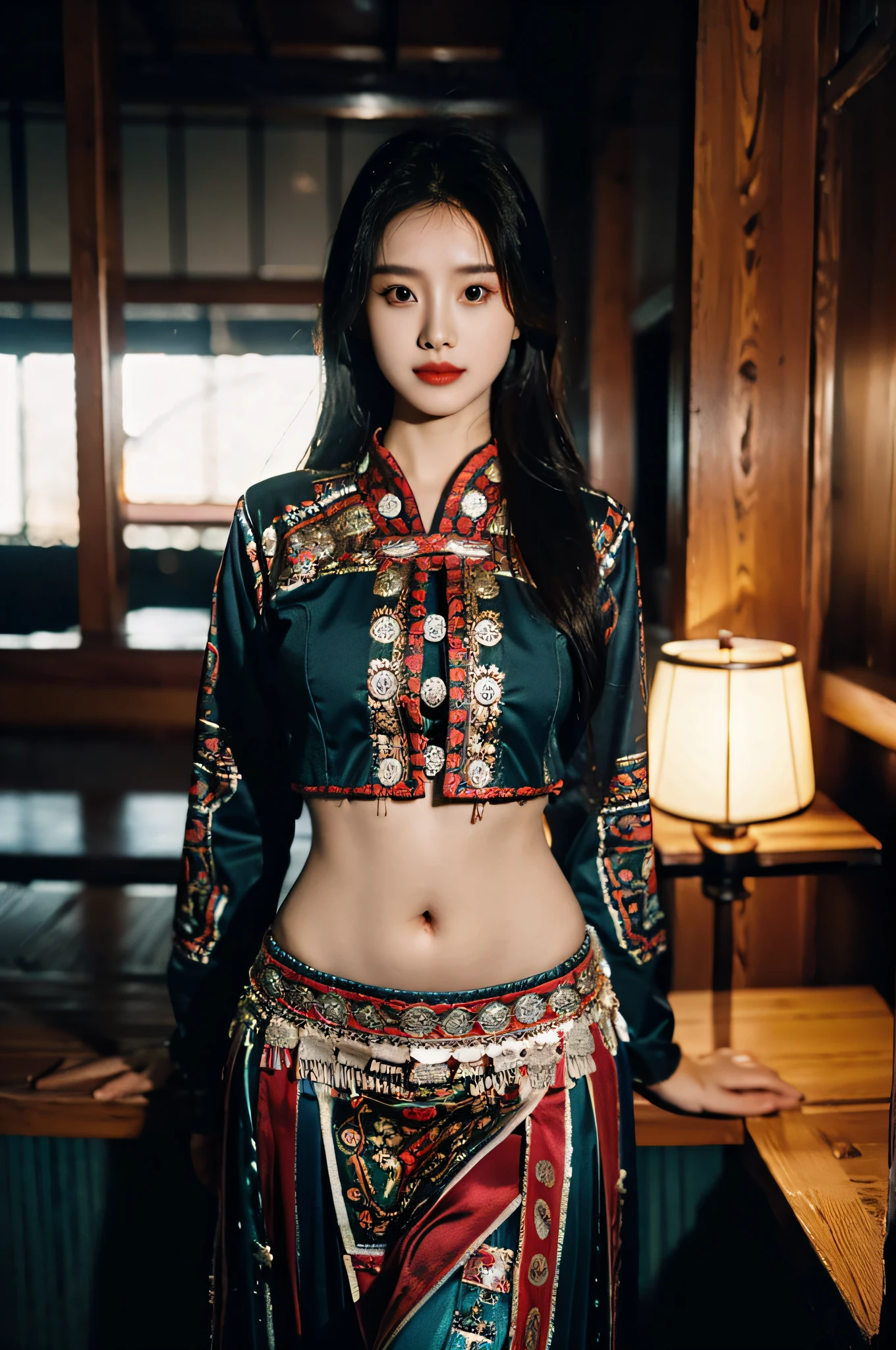 (Hyperrealistic,)4K,35mm,hyper-high detail, Professional lighting, Best quality, 超高分辨率, Visually stunning, (1girll:1.1), (Hmong clothing ),realskin,(Perfect body 1.3)(Ultra-delicate face),Open navel