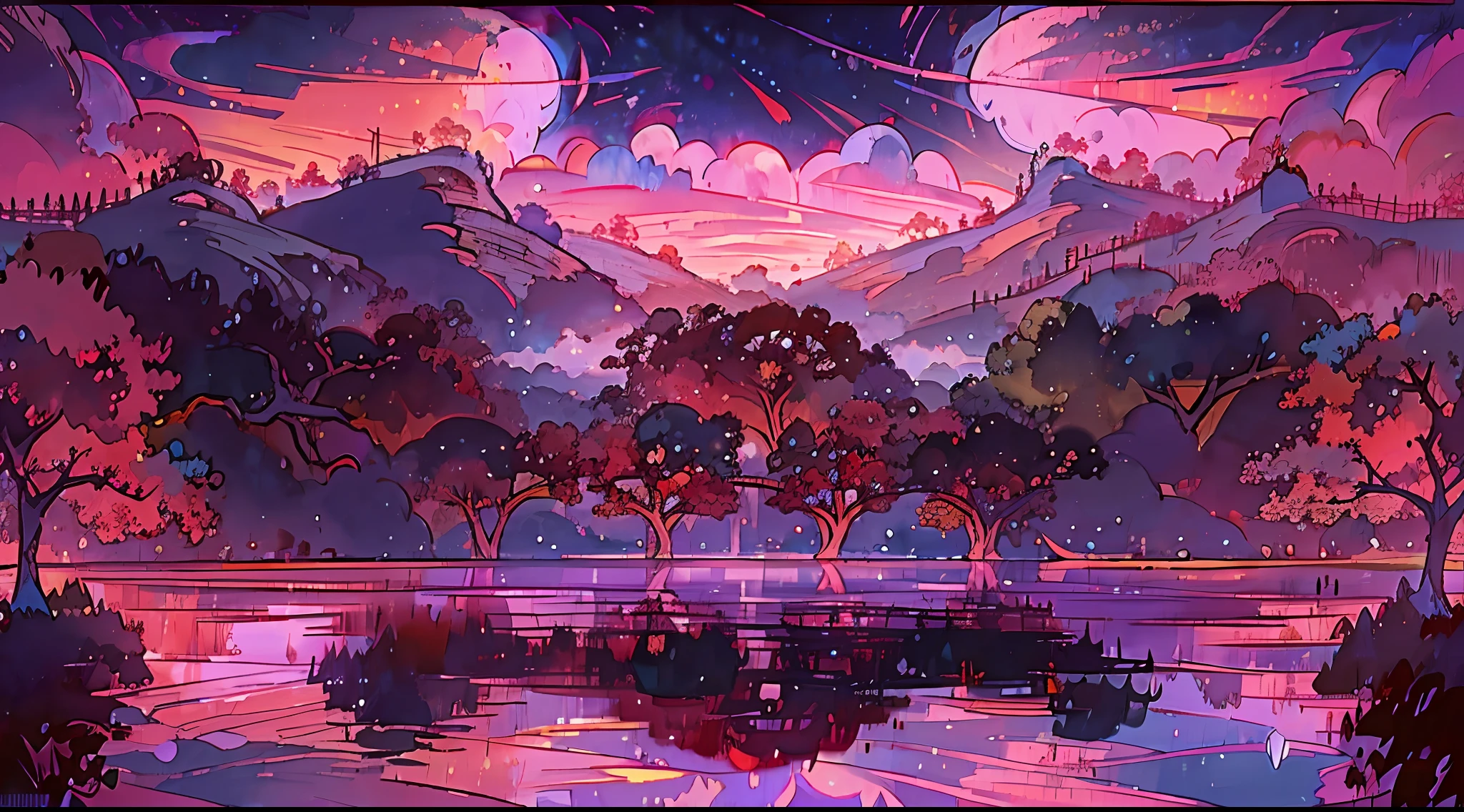 A surreal masterpiece,It presents a beautiful and spectacular view of dusk。Lakes and trees form the background,Accompanied by colorful sunsets and fantastic sky reflections。The beautiful sky blends in with the color of the lake,It's like a flame。This 8K picture creates a fantastic atmosphere,Colorful clouds are suspended in it,Create surreal visual experiences。