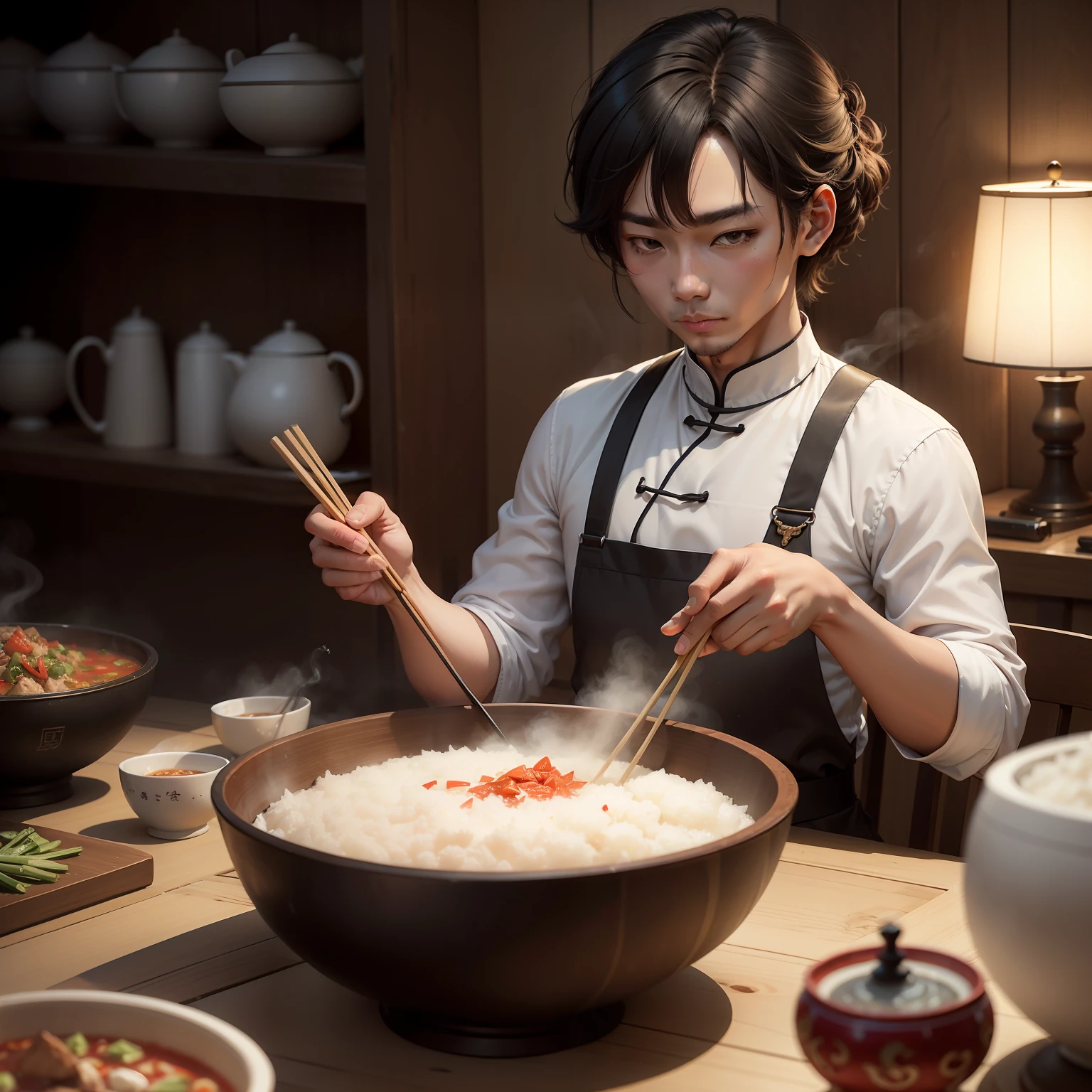 There is a very large bowl on the dining table,There was a small bowl next to it with a bowl of white rice,Next to the large bowl of the tray are some red peppers and star anise,And a pair of chopsticks,Chinese style,high quality food photography, mansik yang, shot with sony alpha 1 camera, stew, mountain water, longque chen, 💣 💥💣 💥, Sauce