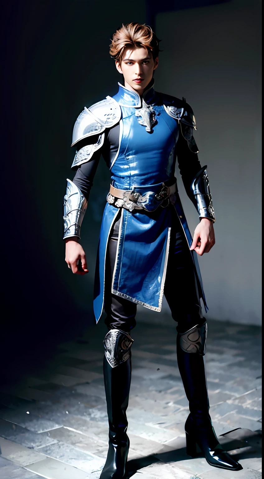 Best quality,A high resolution,A high resolution,4K,8K,3Drenderingof,Low light,Physical rendering,Masterpiece,Russian handsome,Libido boy,Long Haochen,Solo,looking at viewert,Seductive feet,Silver men's knight boots,hair messy