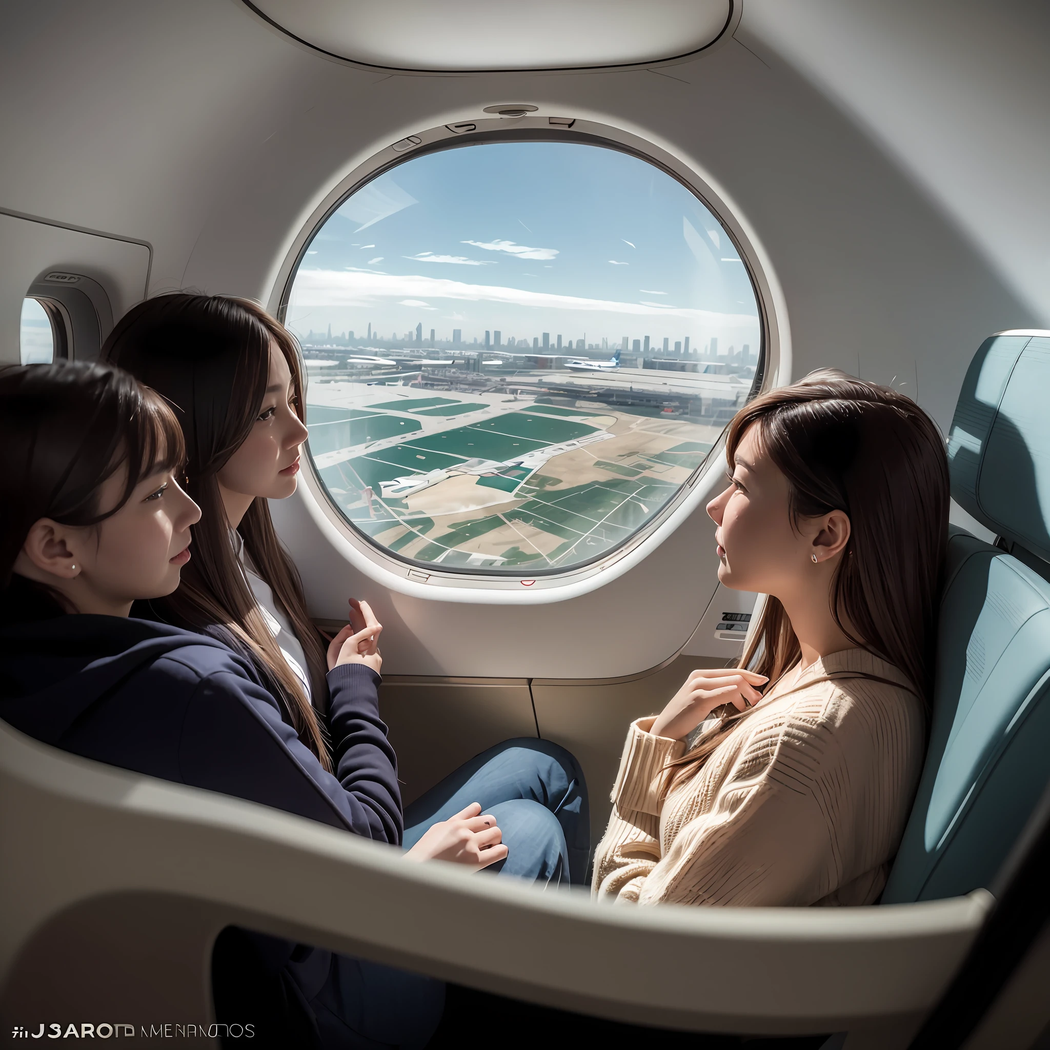 The aircraft altitude is 10,000 meters，A group of 16-year-old beautiful women sit by the window of a large Airbus A380 aircraft，Aerial view of Shanghai