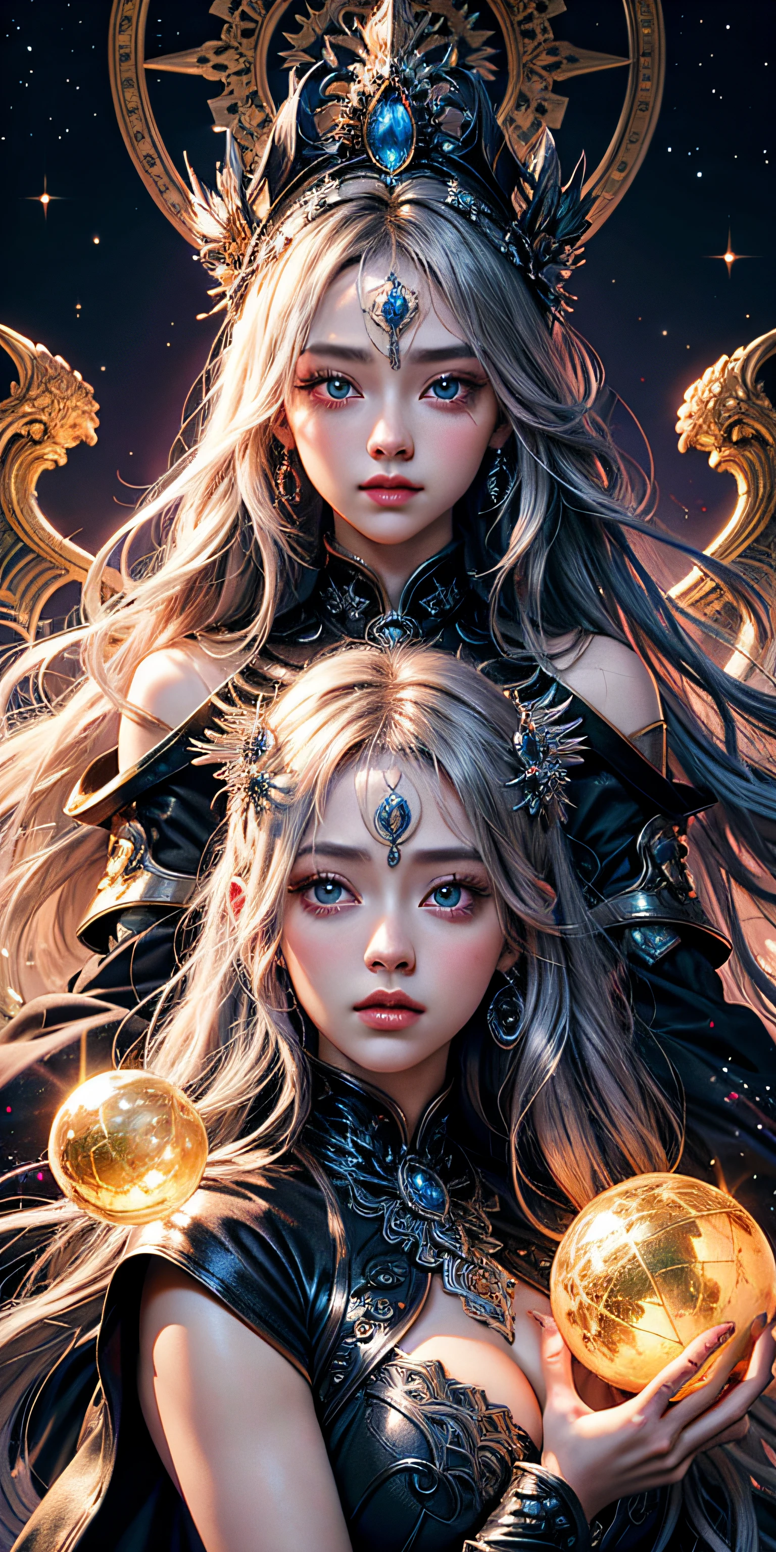 Super beautiful shining eyes、silver long hair, Official Art、Unity 8k wallpapers、ultra-detailliert、Beautifully Aesthetic、hightquality、Beautiful fece、​masterpiece、top-quality、(Zentangle、a Mandala、Tangle、Entangle:0.6)、