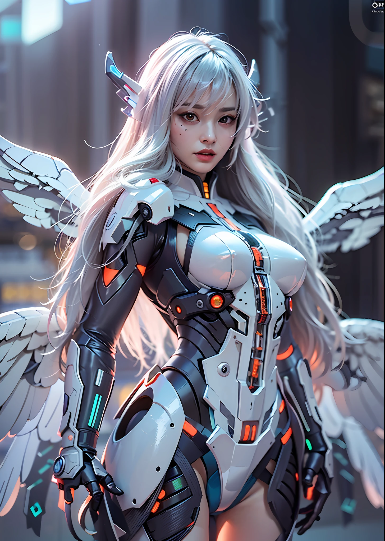 top-quality、masterpiece、超A high resolution、(Photorealsitic:1.4)、Raw photo、Battle Cyborg Angel、large wings made of metal、White porcelain body、Acrylic Clear Cover、white hair、glowy skin、1 Cyborg Girl、((super realistic details))、portlate、globalillumination、Shadow、octan render、8K、ultrasharp、character edge light,Colossal tits、Raw skin is exposed in cleavage、Details of complex ornaments、Greek Detail、Hydraulic cylinder、Small LED lamp、highly intricate detail、Realistic light、a purple eye、radiant eyes、Facing the camera、neon details、cowboy shot、Futuristic headgear、About Cyberpunk、、