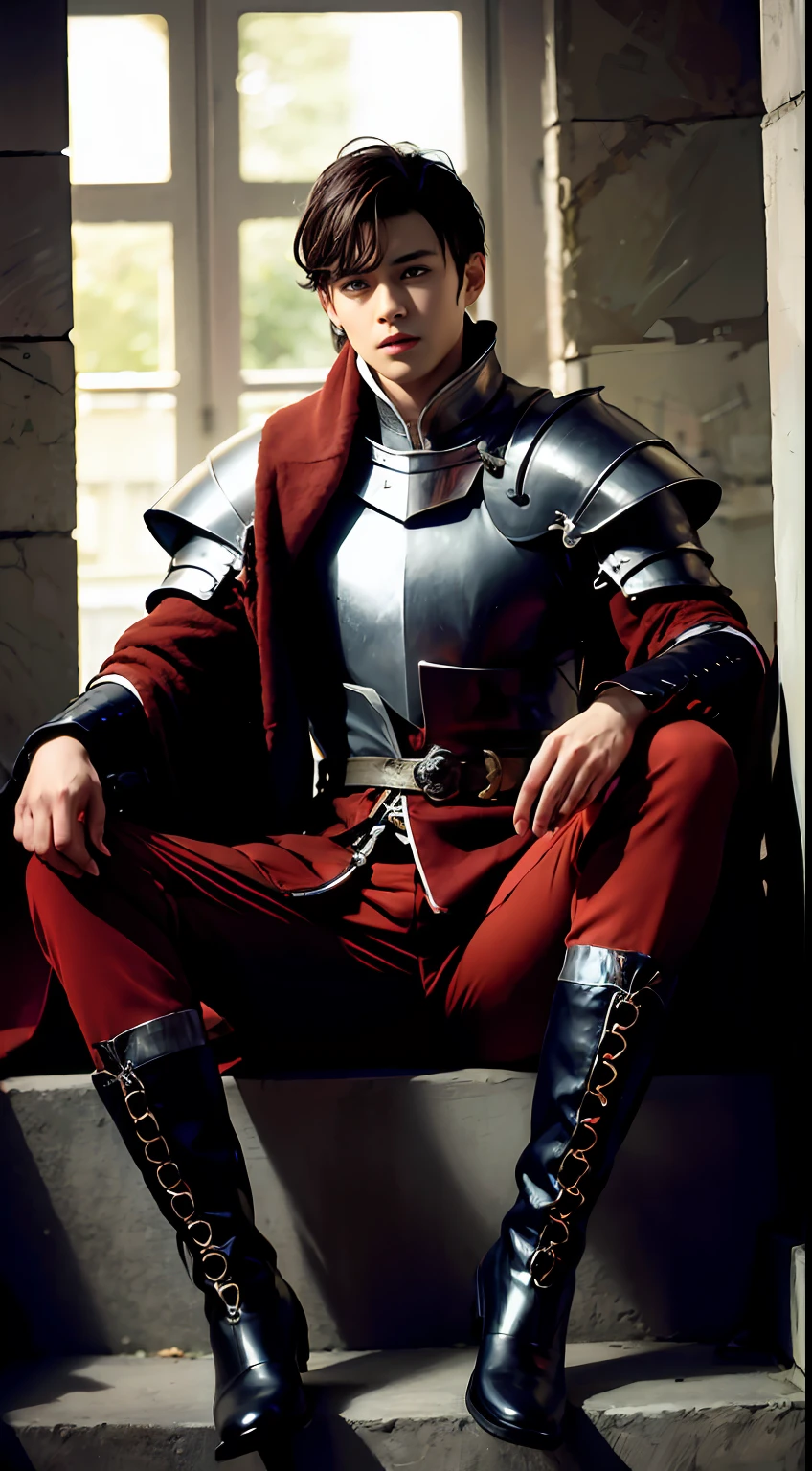 Best quality,A high resolution,A high resolution,4K,8K,3Drenderingof,Low light,Physical rendering,Masterpiece,Russian handsome,Libido boy,Long Haochen,Solo,looking at viewert,Seductive feet,Silver men's knight boots,hair messy