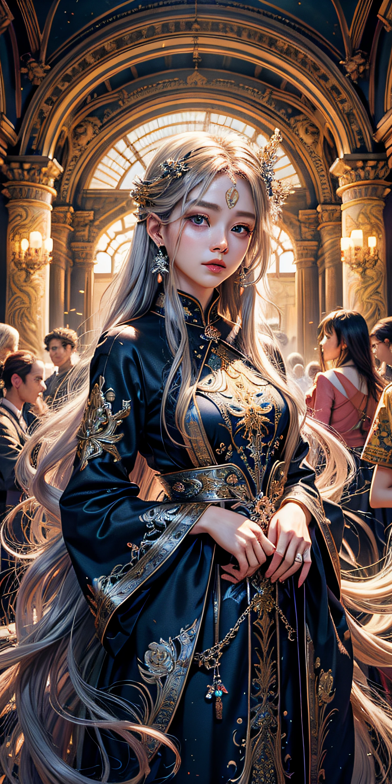 Super beautiful shining eyes、silver long hair, Official Art、Unity 8k wallpapers、ultra-detailliert、Beautifully Aesthetic、hightquality、Beautiful fece、masterpiece、top-quality、(Zentangle、a Mandala、Tangle、Entangle:0.6)、