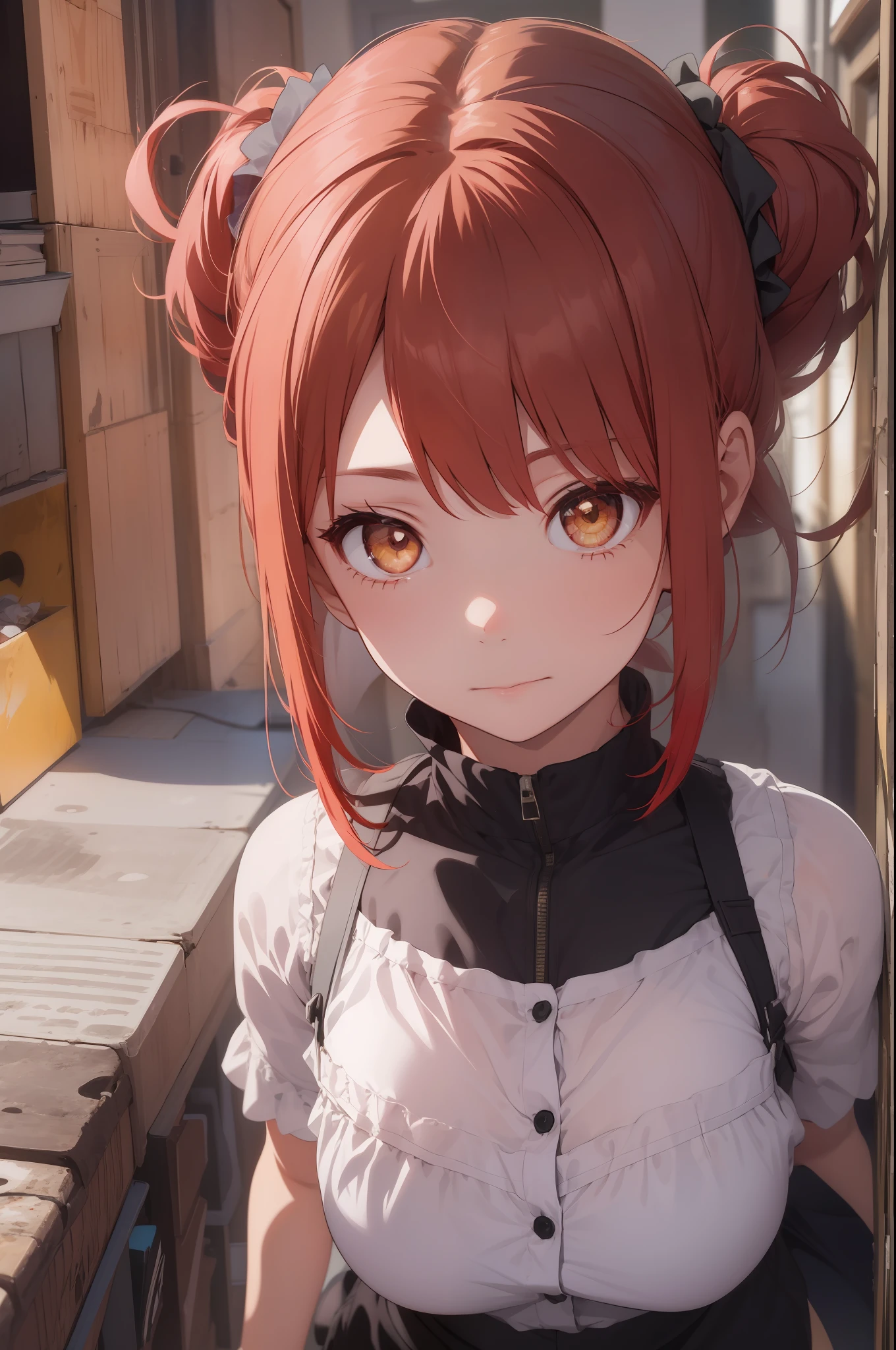 1 girl,From above, looking at viewert, after red hair, two sides up,Golden eyes,two sides up,two sides up,standing,Expressionless