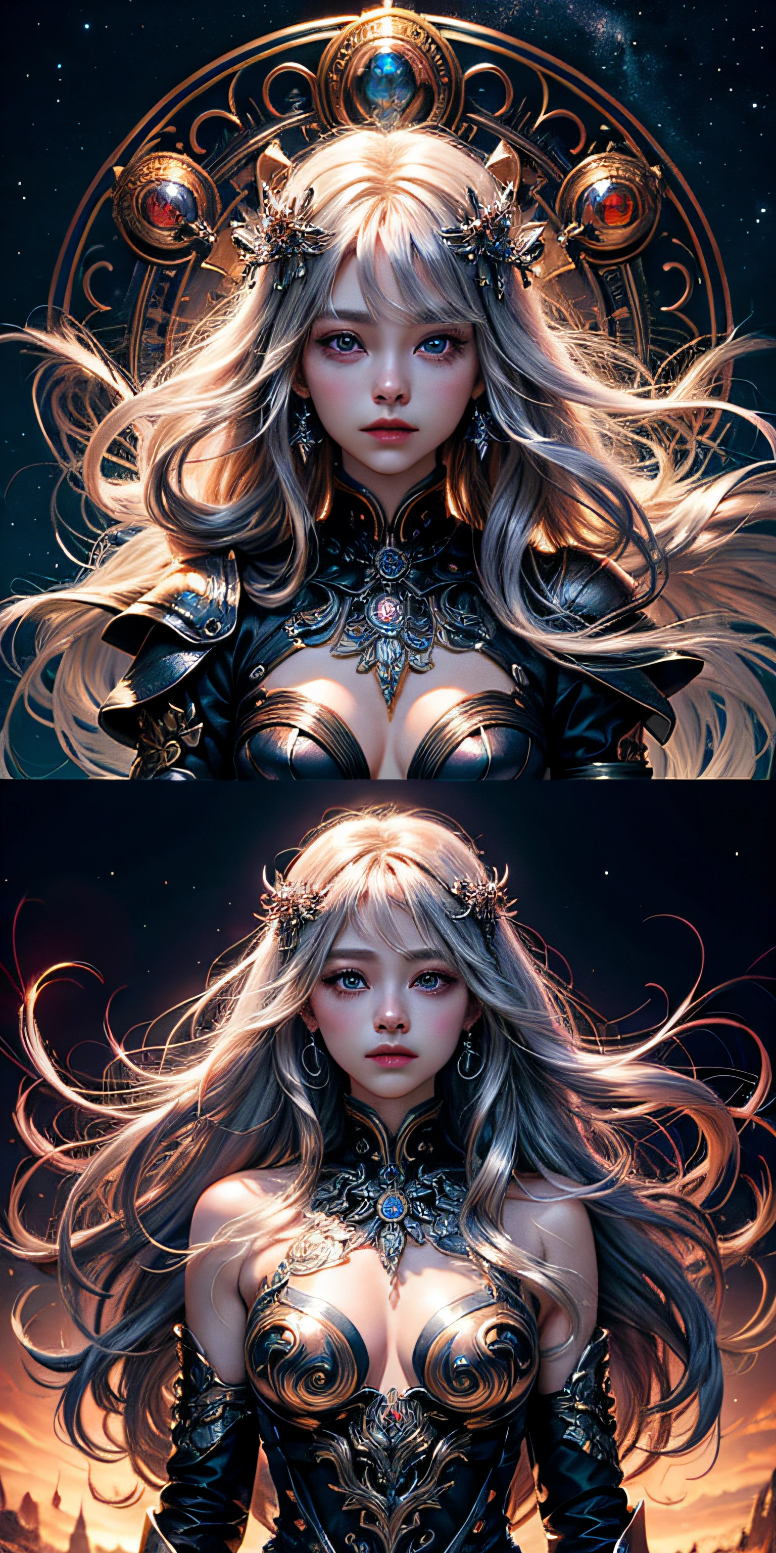 Super beautiful shining eyes、silver long hair, Official Art、Unity 8k wallpapers、ultra-detailliert、Beautifully Aesthetic、hightquality、Beautiful fece、​masterpiece、top-quality、(Zentangle、a Mandala、Tangle、Entangle:0.6)、