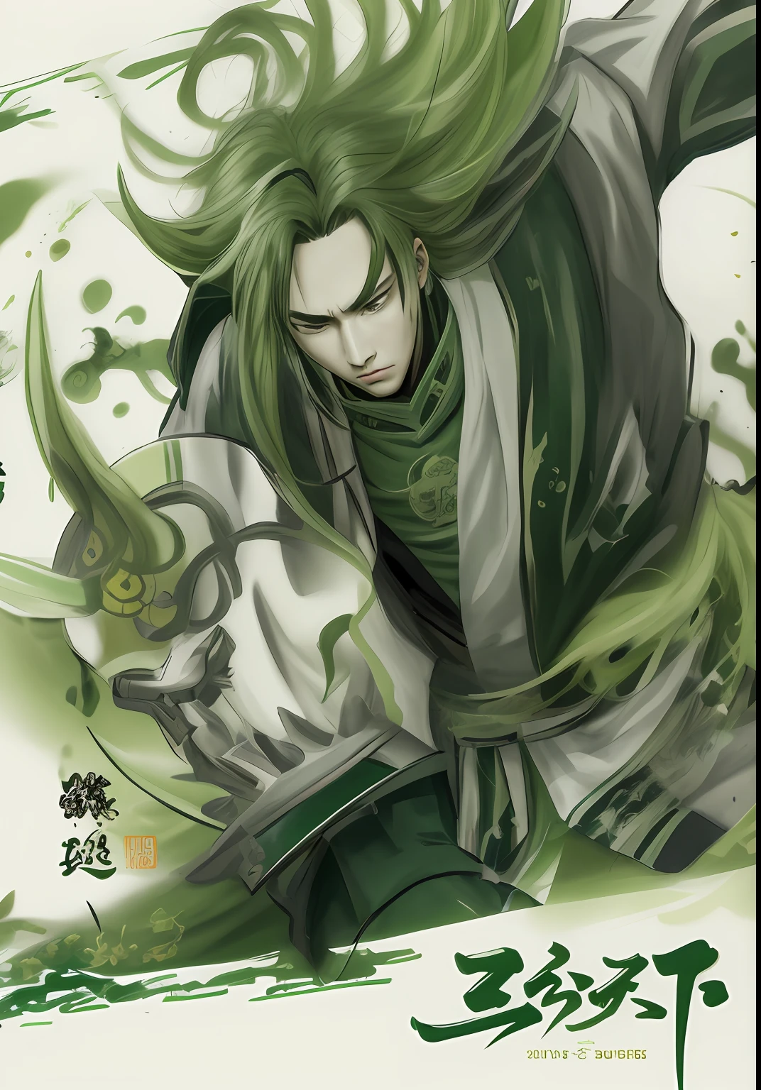 Visual lens, Zhao Yun image，Lv Bu image, Inspired by Zhao Yun,  inspired by Wu Daozi, inspired by Chen Jiru, inspired by Zhang Sengyao, inspired by Fu Baoshi，ink wash style，Dark green clothes，Dark green clothes