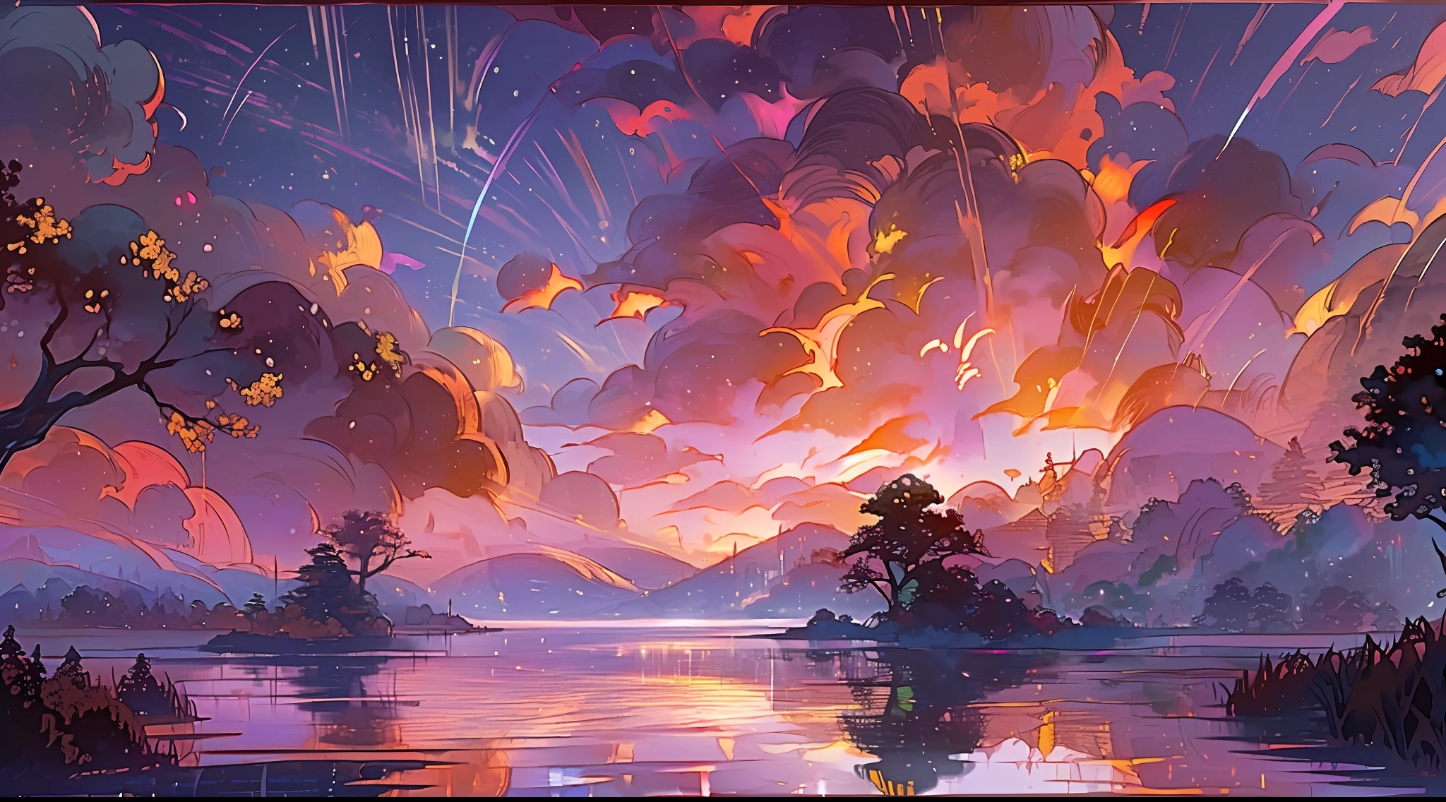 A masterpiece of surreal twilight views，Accompanied by colorful sunsets and fantastic sky reflections，Create a fiery beauty。The 8K picture shows colorful clouds suspended，The sunset is above the clouds，Create a surreal visual experience。
