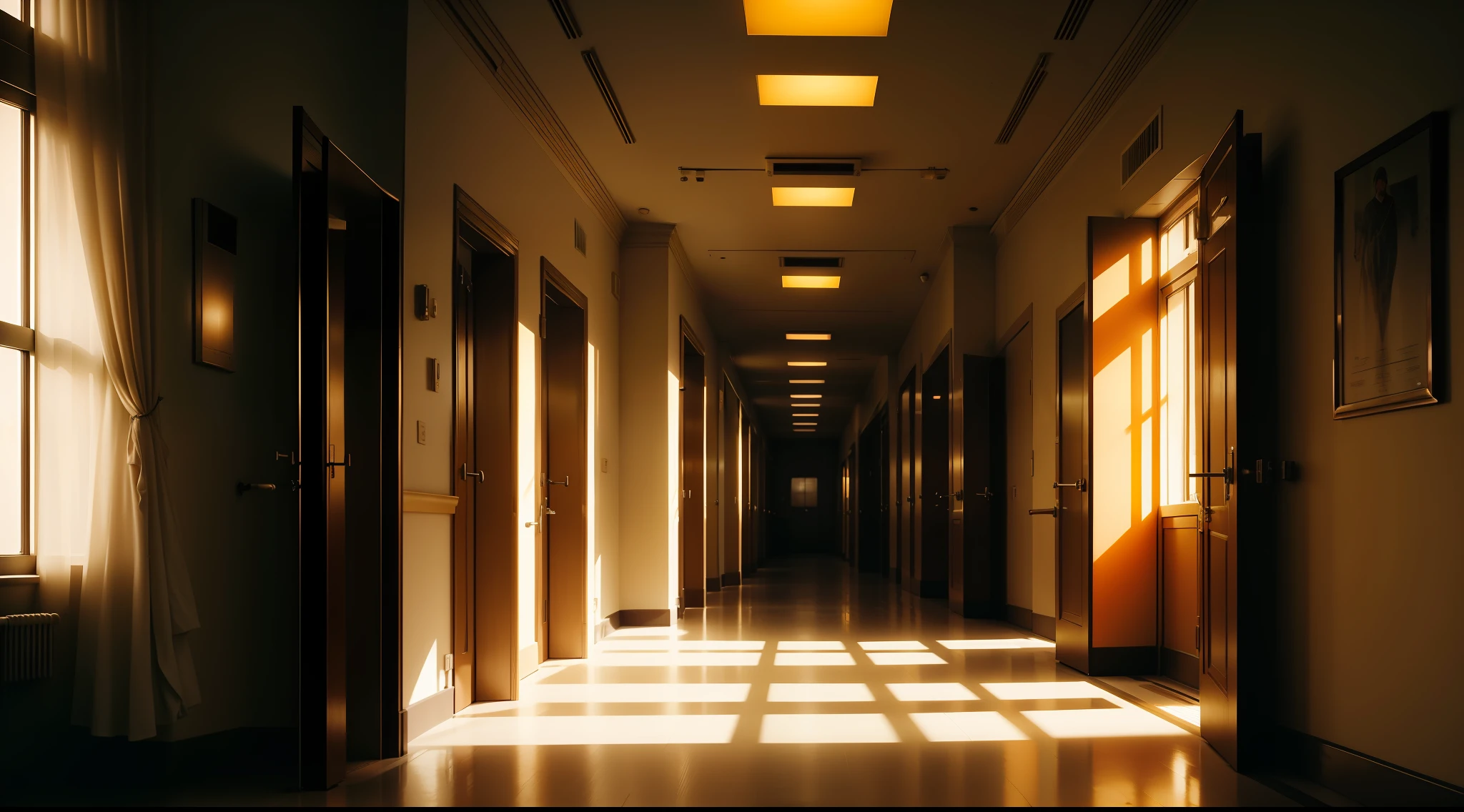 hospitals, ophthalmology, The orange, Cinematic lighting, Chiaroscuro, vanishing point, Social realism, Interior architecture, Luminism, Northern Renaissance, High quality